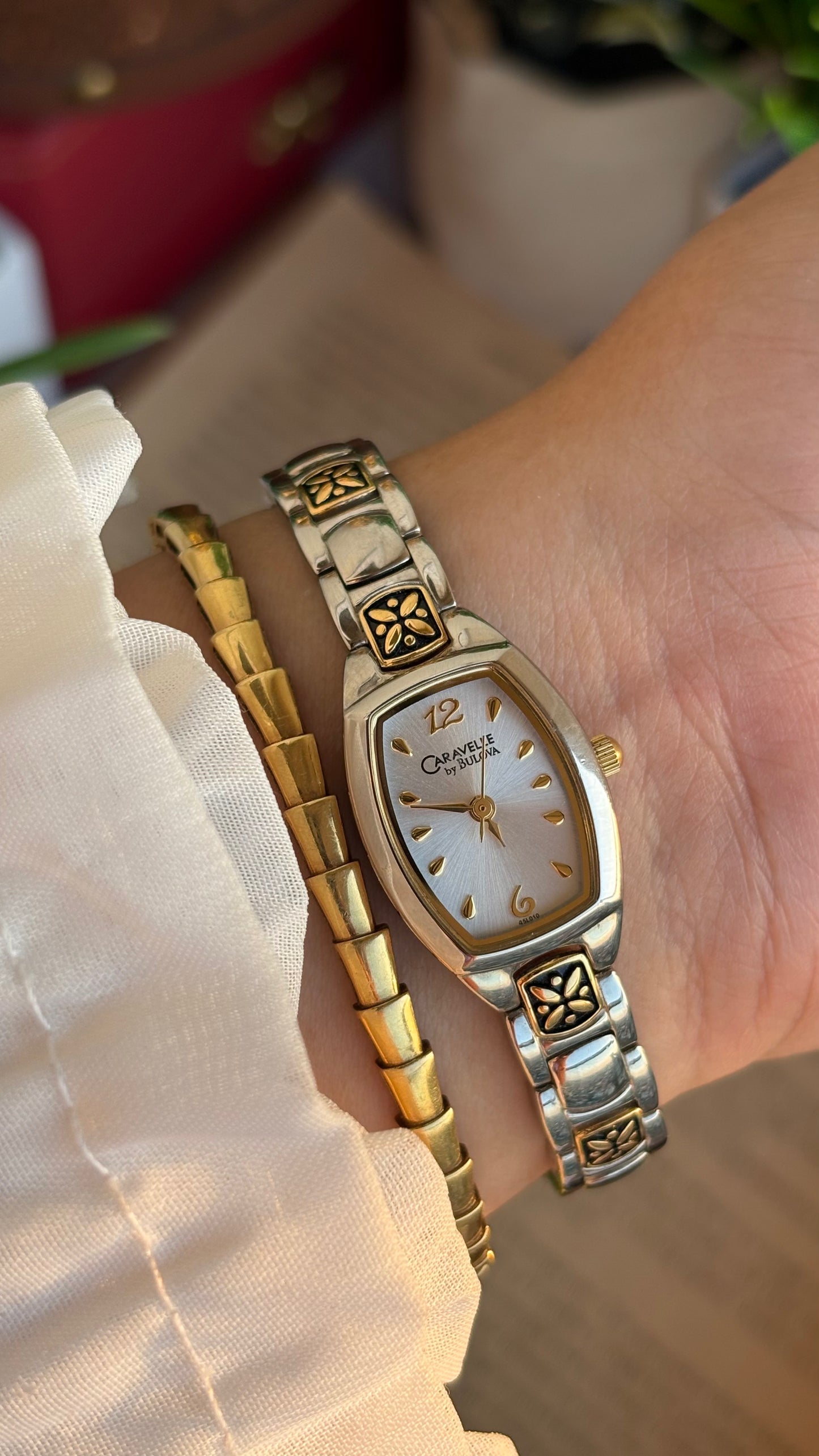 Vintage Caravelle by Bulova Watch in Two-Tone with Beautiful Art on Bracelet