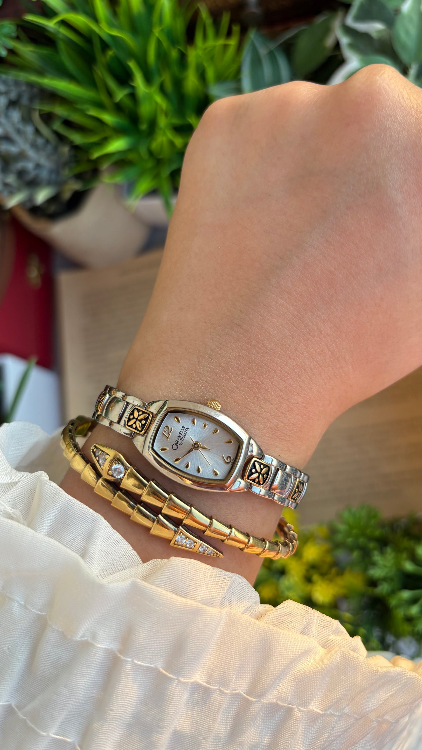 Vintage Caravelle by Bulova Watch in Two-Tone with Beautiful Art on Bracelet