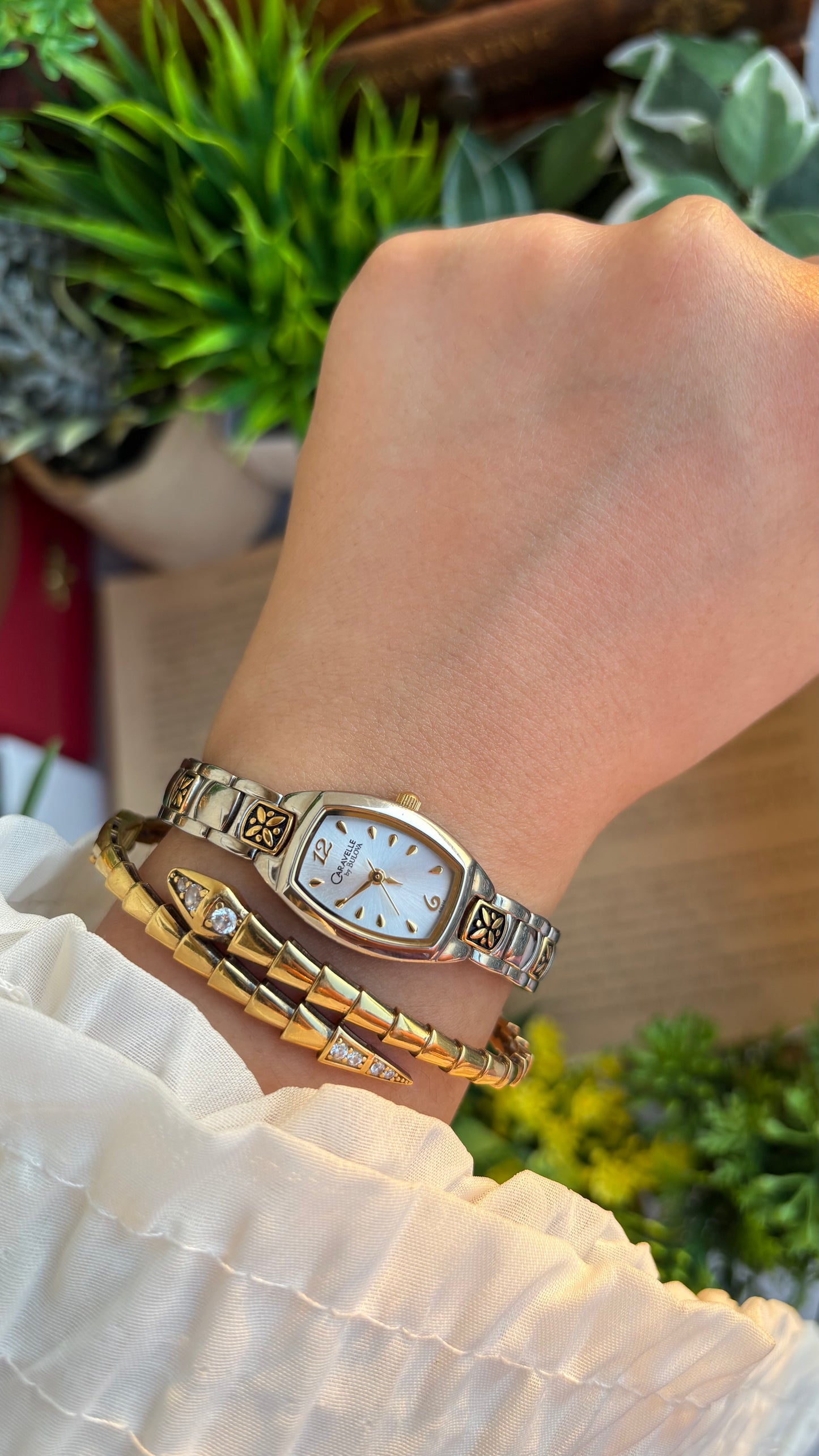 Vintage Caravelle by Bulova Watch in Two-Tone with Beautiful Art on Bracelet