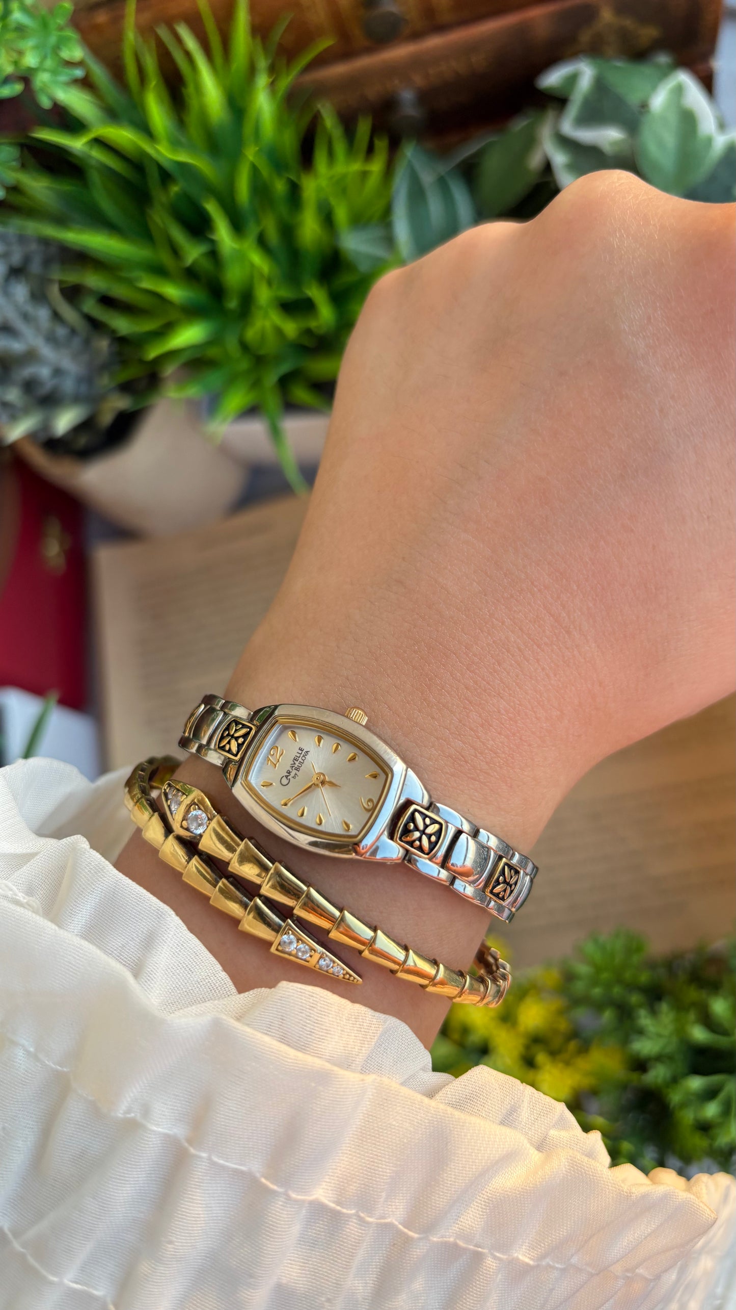 Vintage Caravelle by Bulova Watch in Two-Tone with Beautiful Art on Bracelet