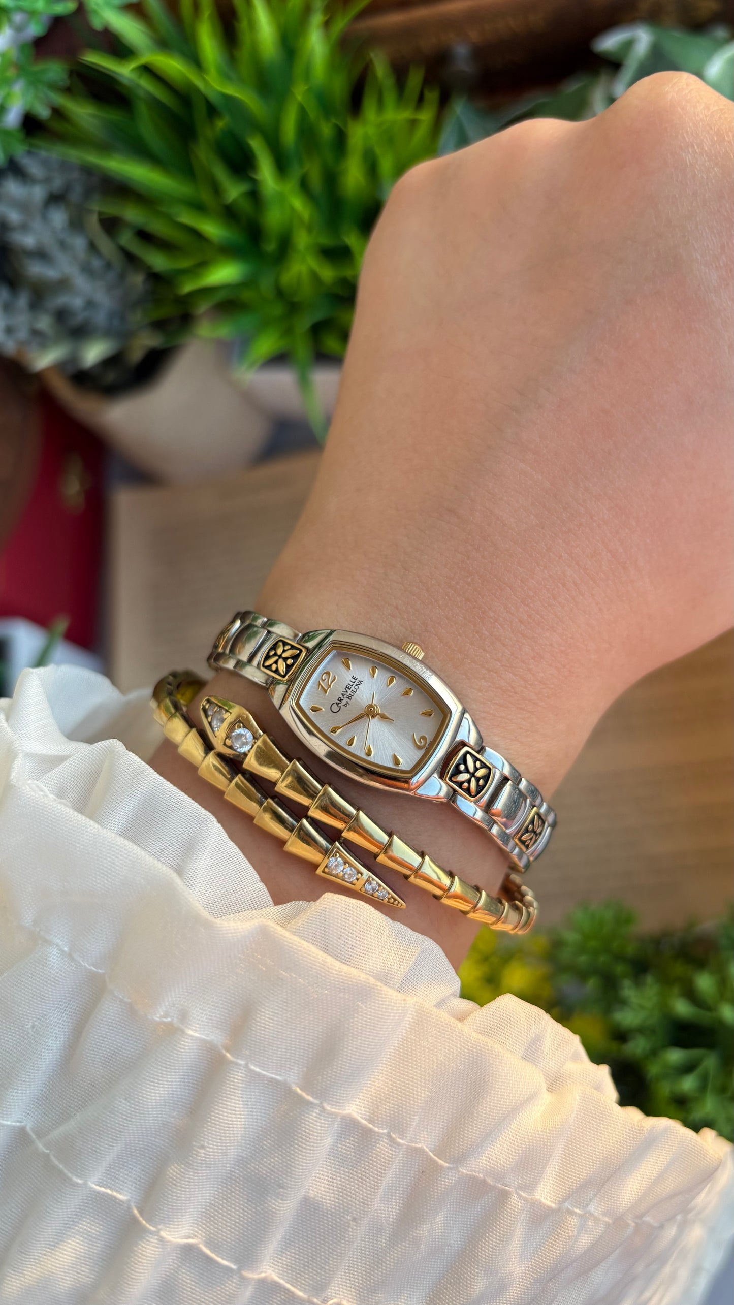 Vintage Caravelle by Bulova Watch in Two-Tone with Beautiful Art on Bracelet