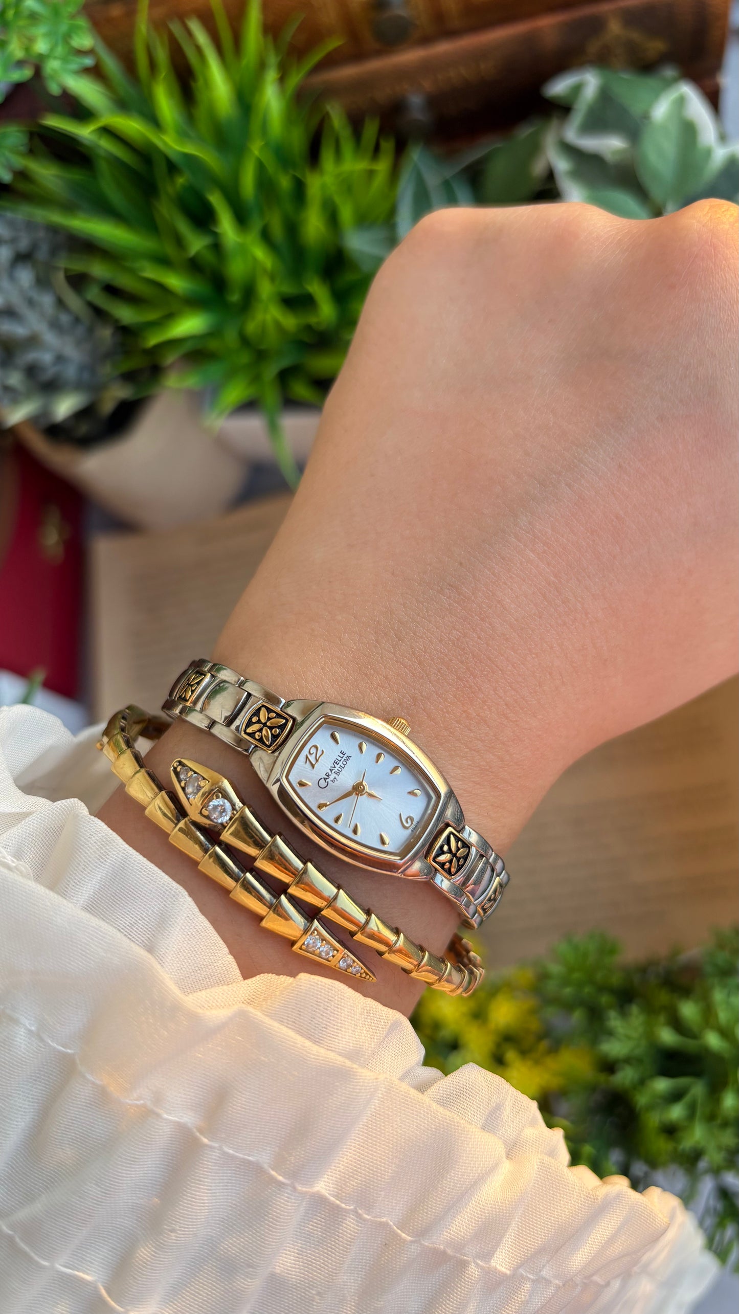 Vintage Caravelle by Bulova Watch in Two-Tone with Beautiful Art on Bracelet