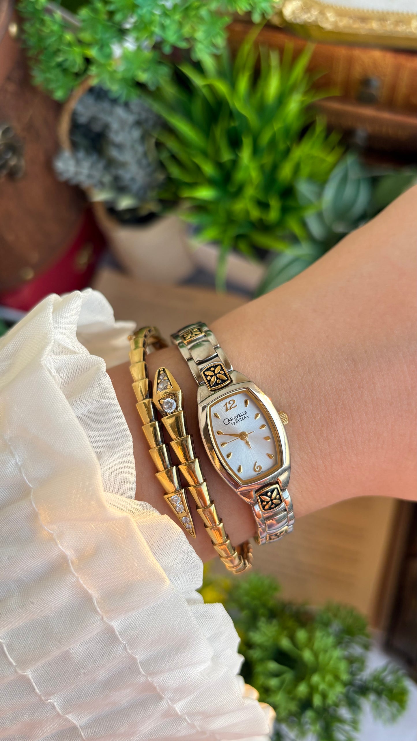Vintage Caravelle by Bulova Watch in Two-Tone with Beautiful Art on Bracelet
