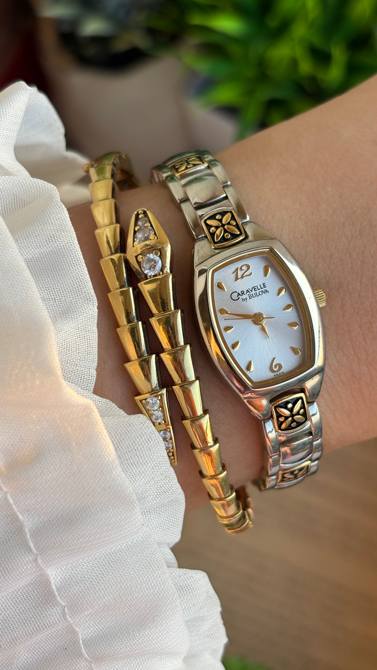Vintage Caravelle by Bulova Watch in Two-Tone with Beautiful Art on Bracelet
