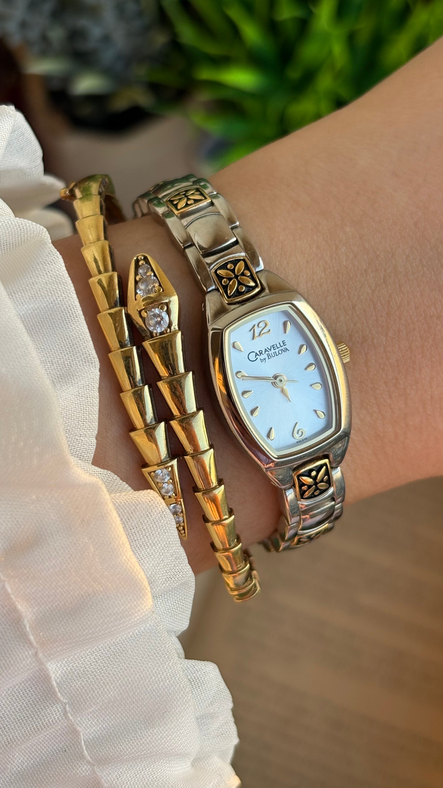Vintage Caravelle by Bulova Watch in Two-Tone with Beautiful Art on Bracelet