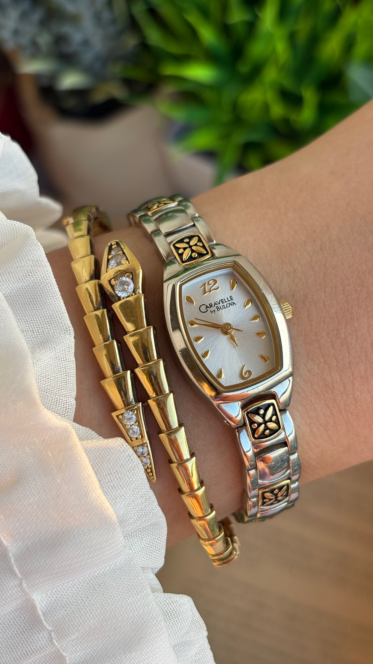 Vintage Caravelle by Bulova Watch in Two-Tone with Beautiful Art on Bracelet