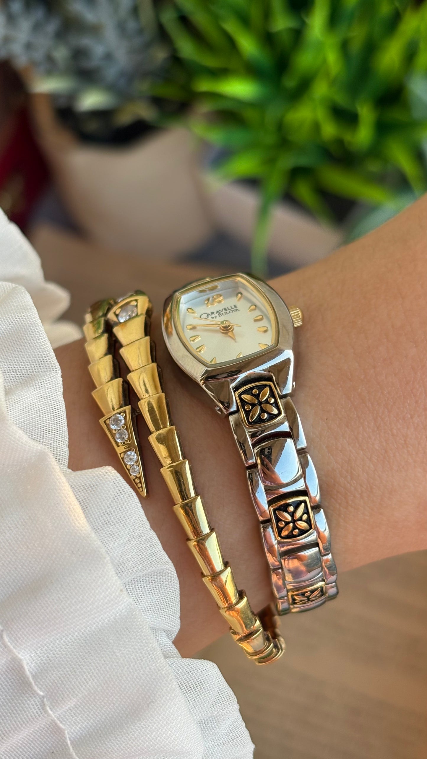 Vintage Caravelle by Bulova Watch in Two-Tone with Beautiful Art on Bracelet