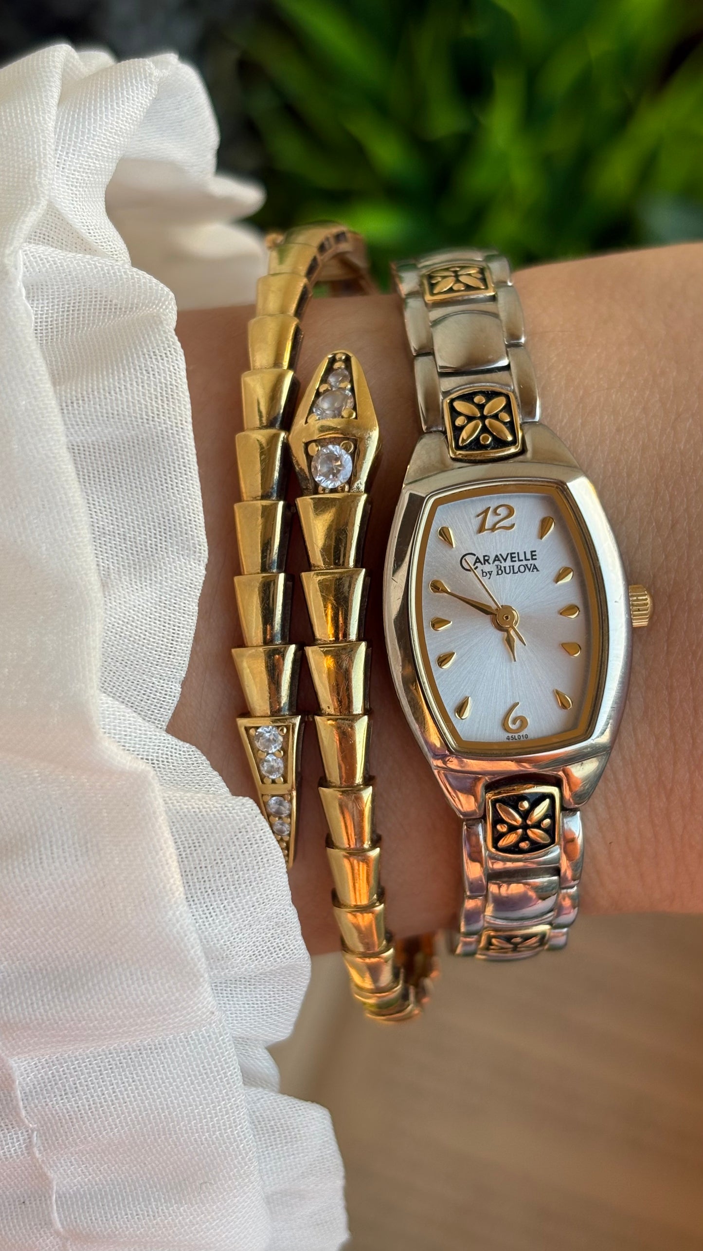Vintage Caravelle by Bulova Watch in Two-Tone with Beautiful Art on Bracelet