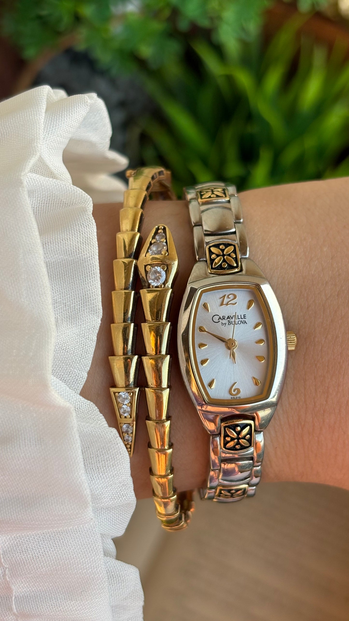 Vintage Caravelle by Bulova Watch in Two-Tone with Beautiful Art on Bracelet