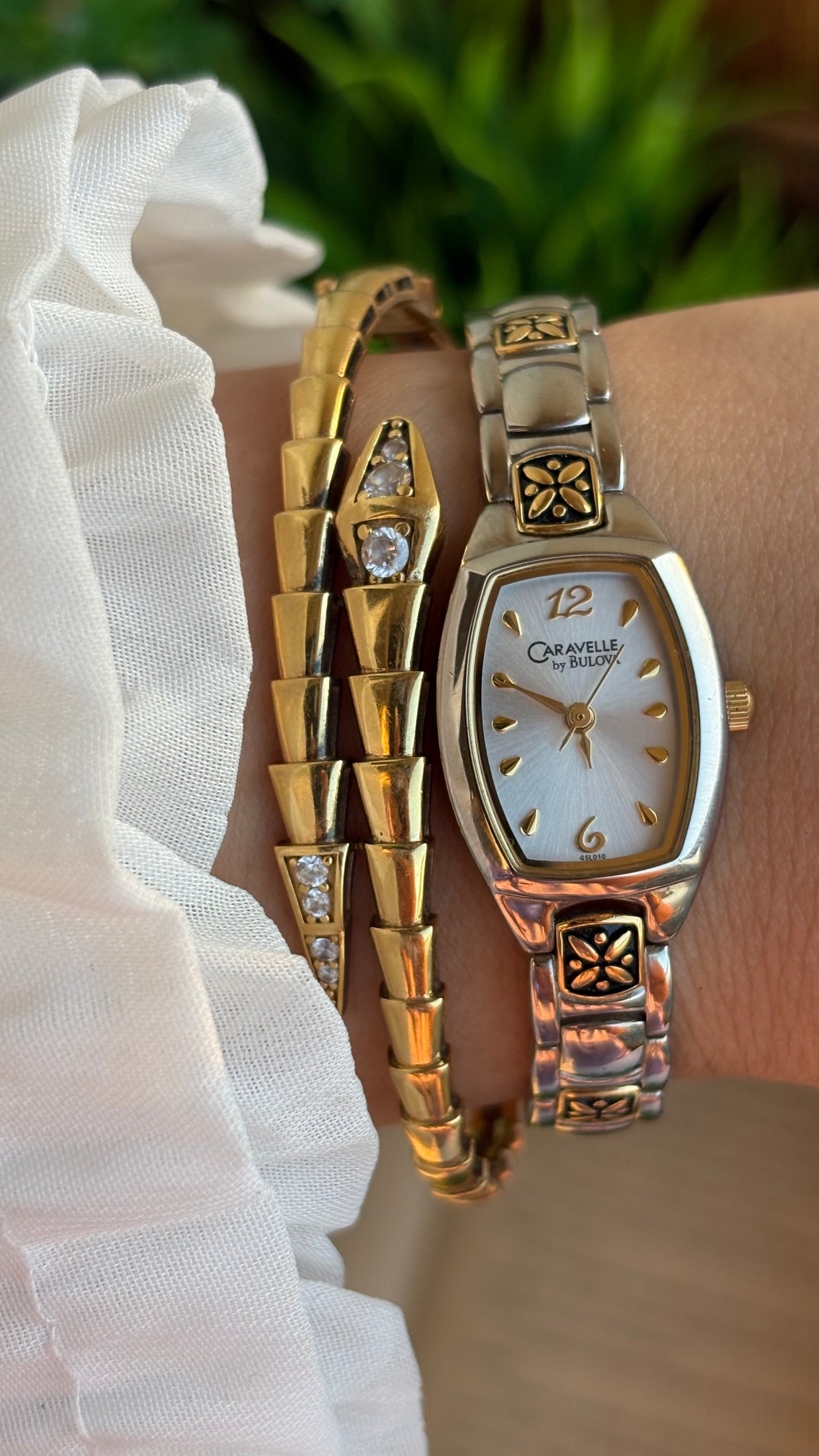 Vintage Caravelle by Bulova Watch in Two-Tone with Beautiful Art on Bracelet