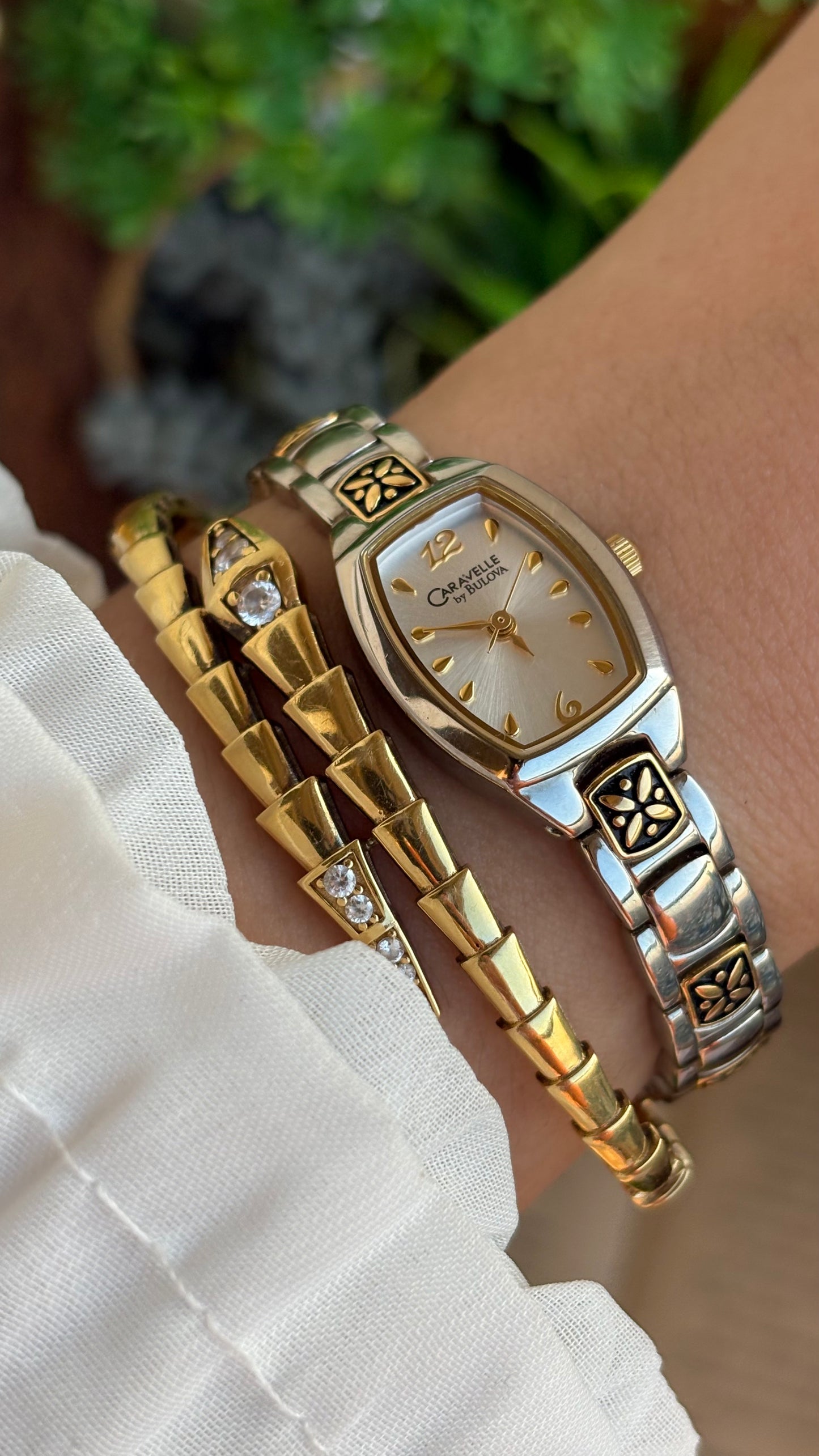 Vintage Caravelle by Bulova Watch in Two-Tone with Beautiful Art on Bracelet