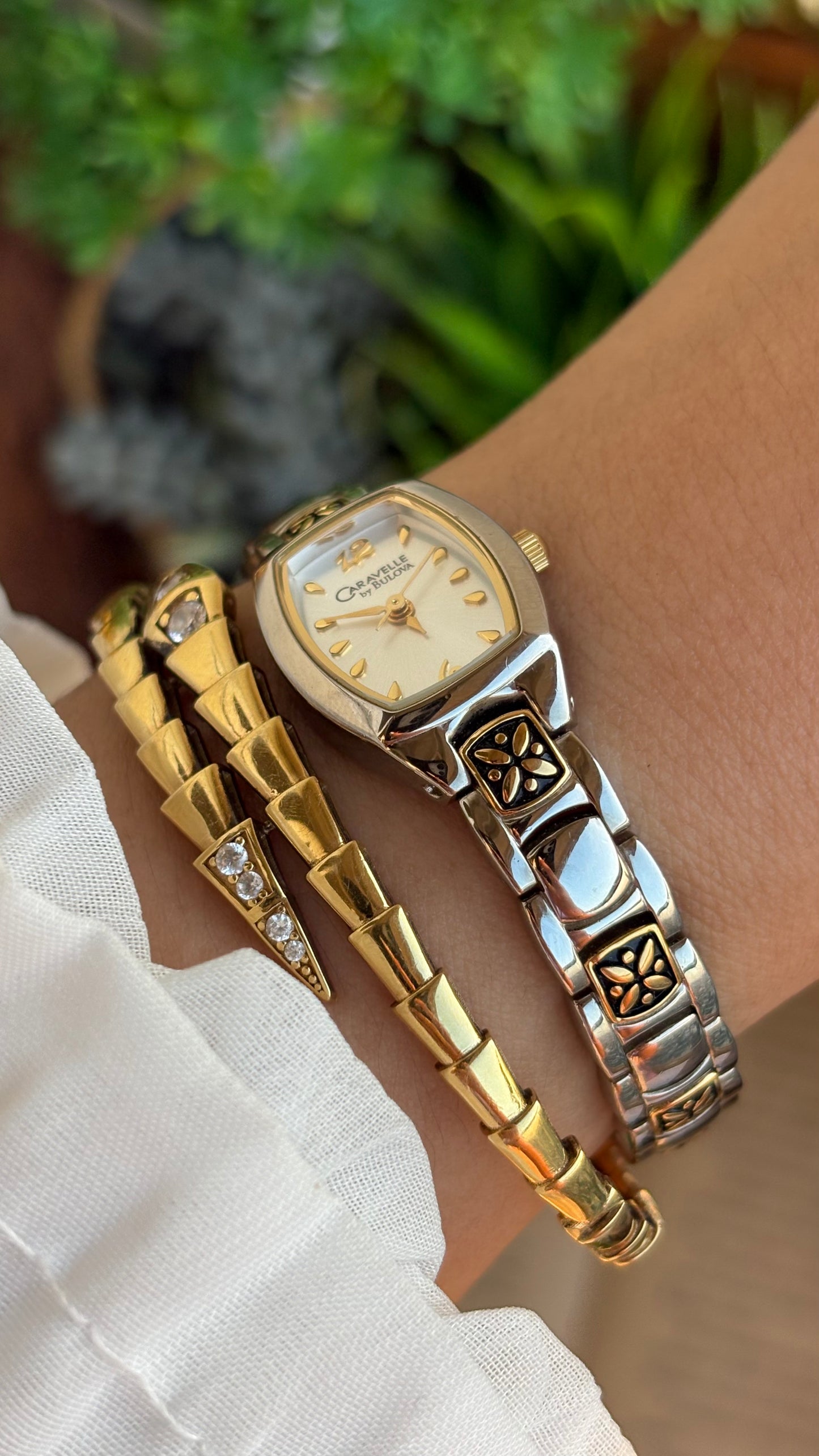 Vintage Caravelle by Bulova Watch in Two-Tone with Beautiful Art on Bracelet