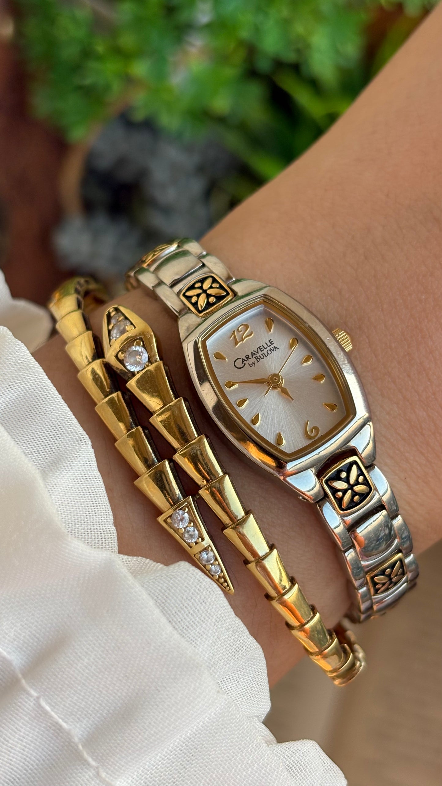 Vintage Caravelle by Bulova Watch in Two-Tone with Beautiful Art on Bracelet