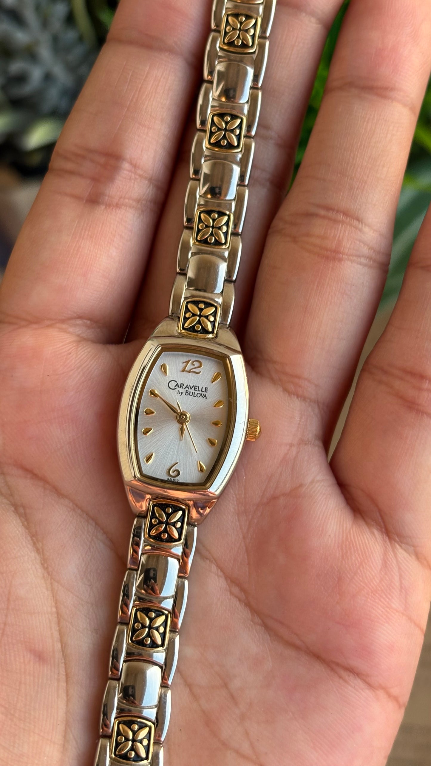 Vintage Caravelle by Bulova Watch in Two-Tone with Beautiful Art on Bracelet