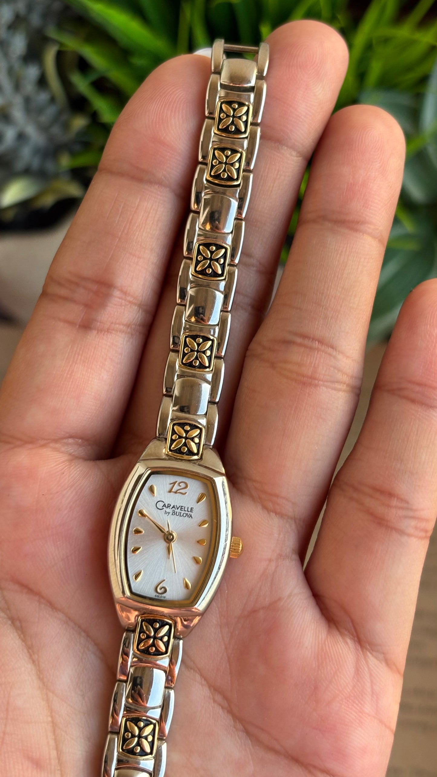 Vintage Caravelle by Bulova Watch in Two-Tone with Beautiful Art on Bracelet