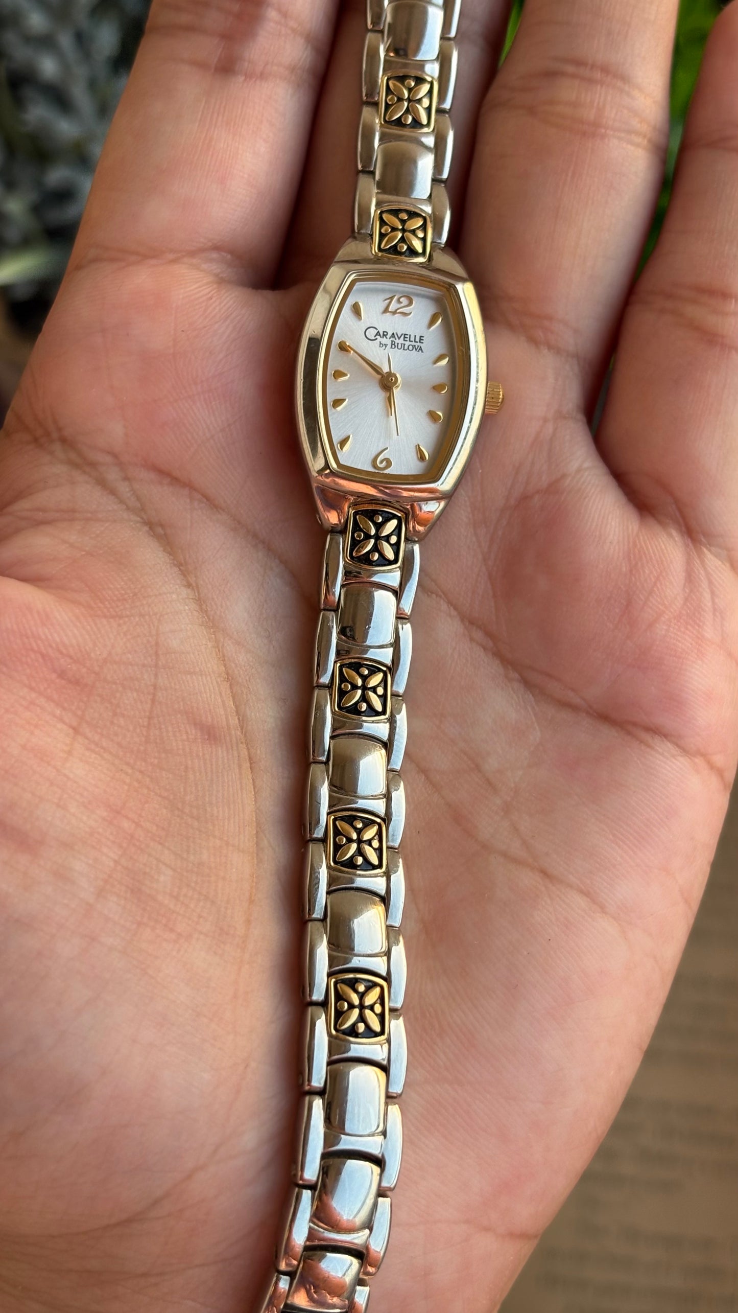 Vintage Caravelle by Bulova Watch in Two-Tone with Beautiful Art on Bracelet