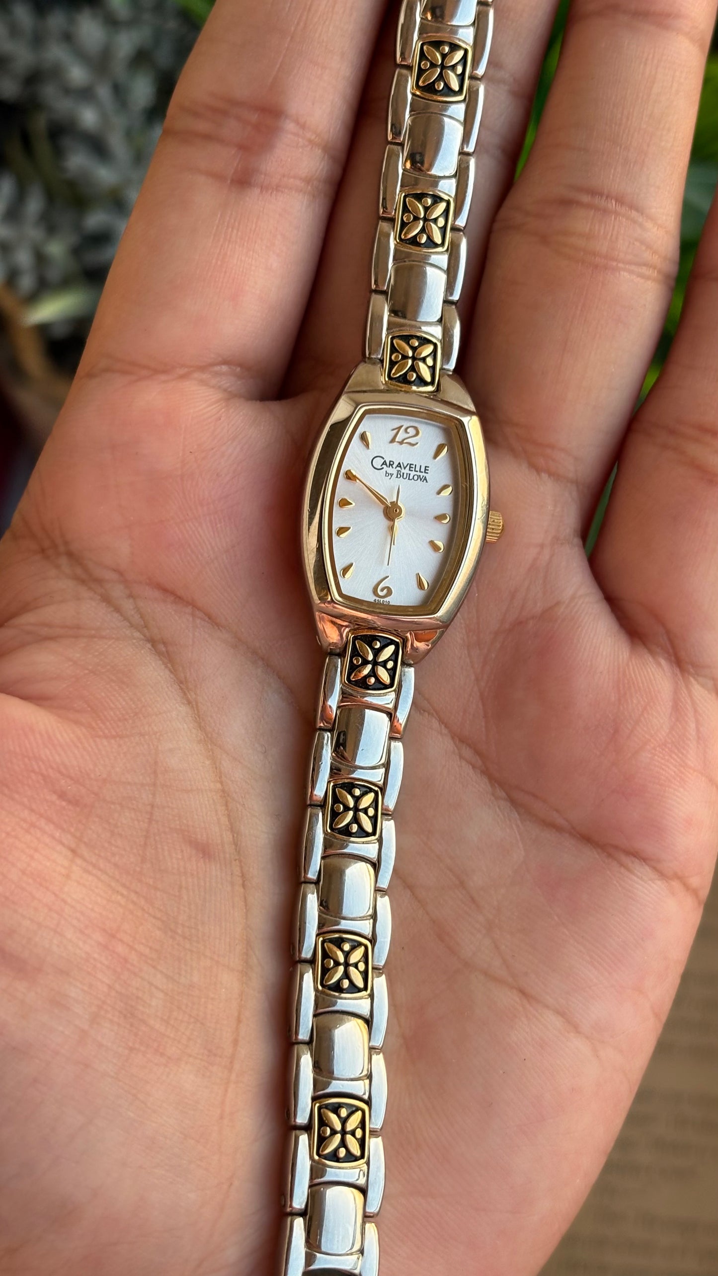 Vintage Caravelle by Bulova Watch in Two-Tone with Beautiful Art on Bracelet