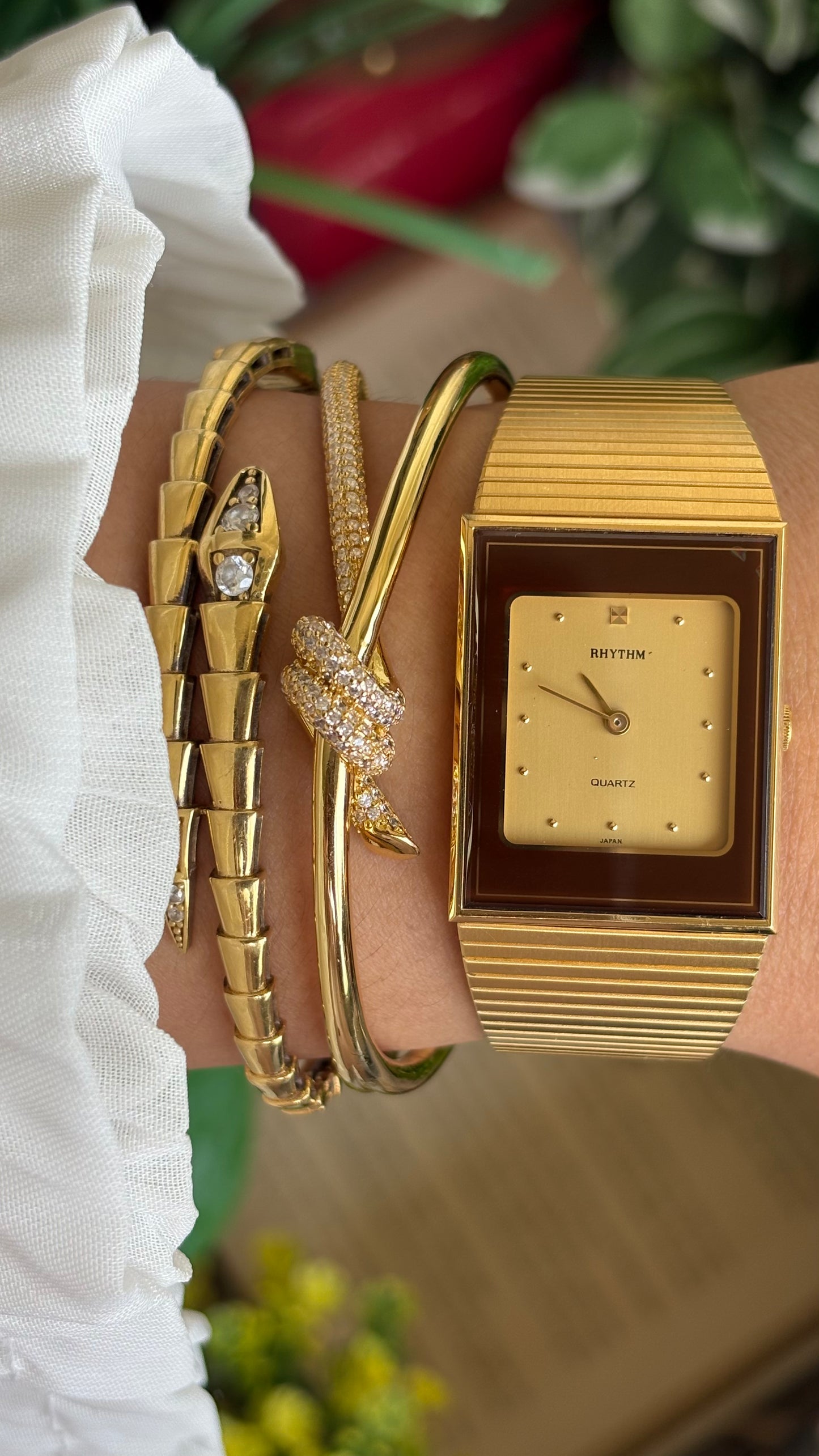 Vintage Rhythm Burgundy Bezel Tank Dress Watch in Gold Tone