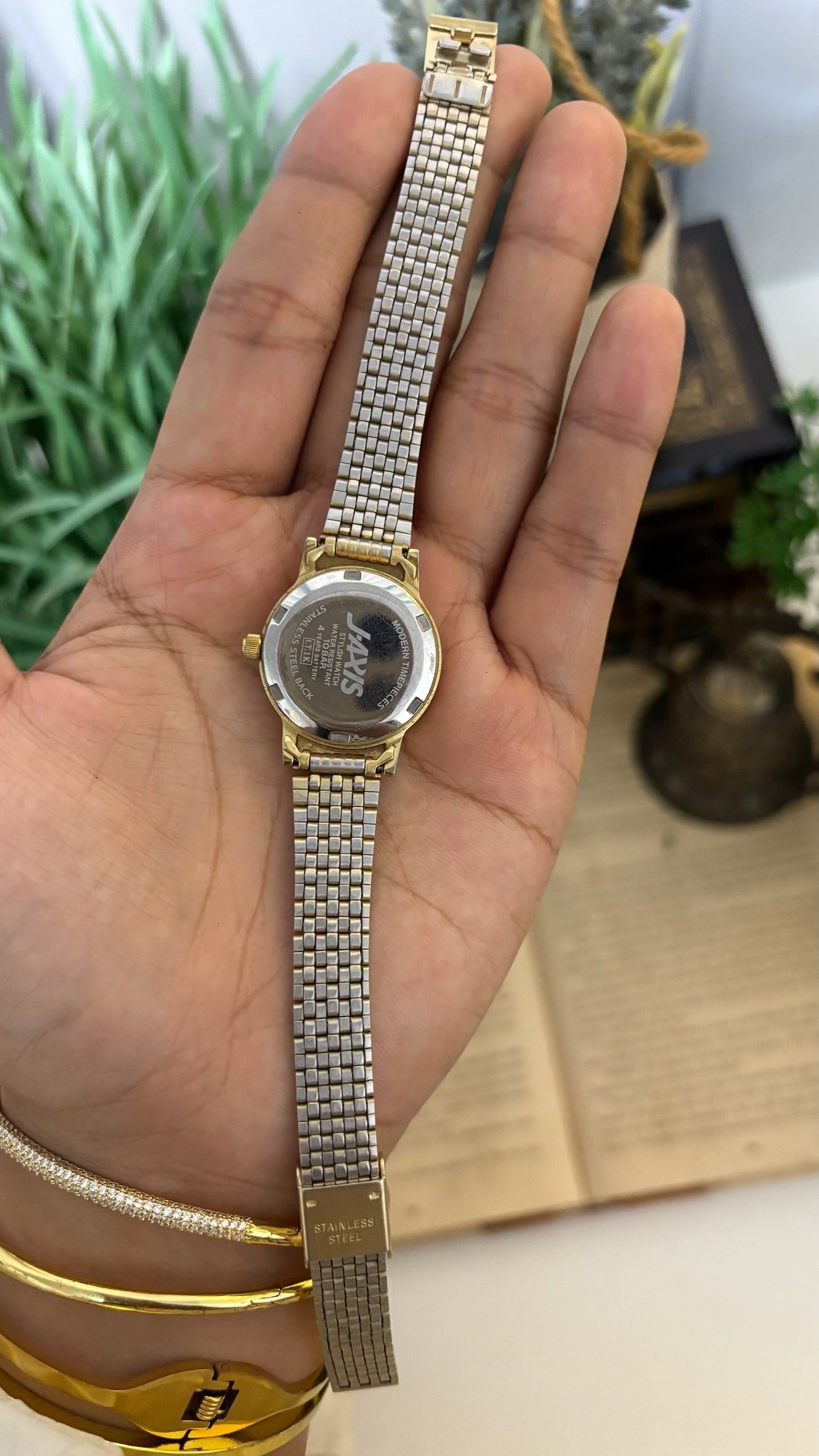 Vintage Jaxis Script Round Watch with Two-Tone Brick Link Bracelet in Gold Tone Quartz