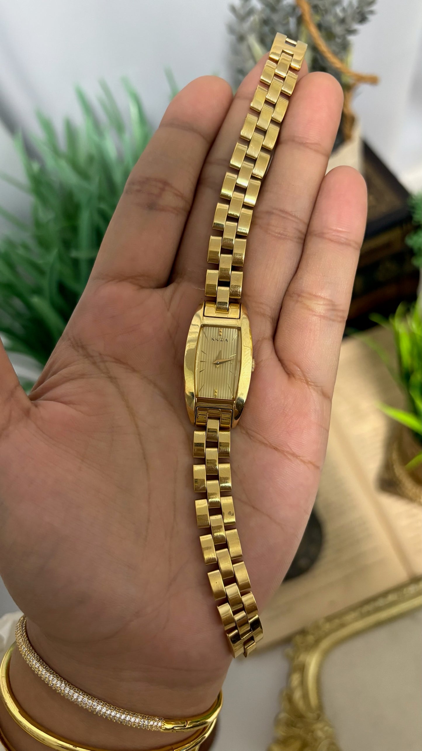 Vintage Krizia Tonneau Watch with Gold Tone Link Bracelet