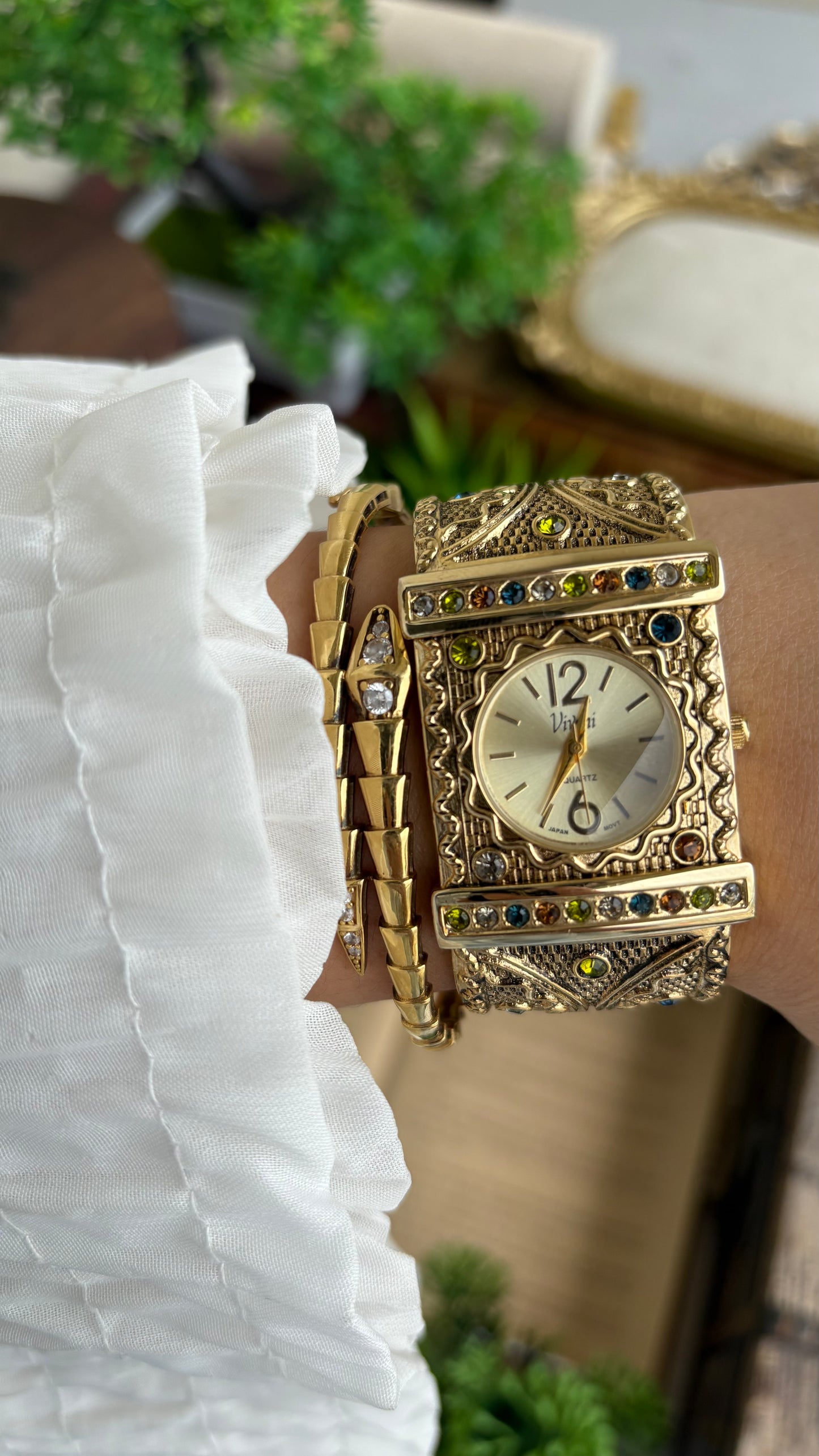 Vintage Vivani Cuff Antique Watch in Gold Tone Natural Stones