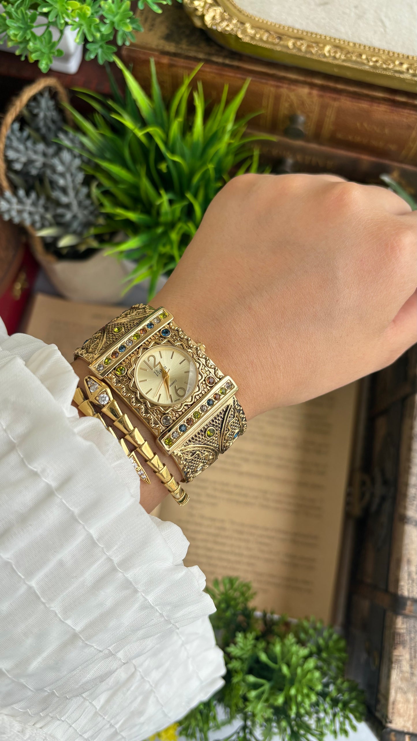 Vintage Vivani Cuff Antique Watch in Gold Tone Natural Stones