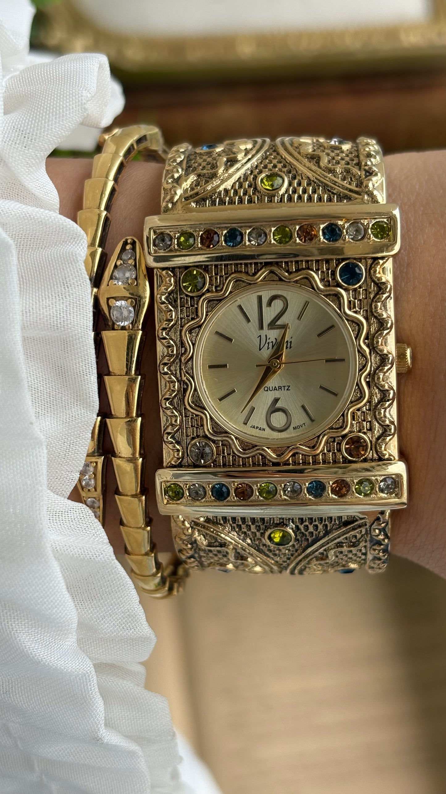 Vintage Vivani Cuff Antique Watch in Gold Tone Natural Stones