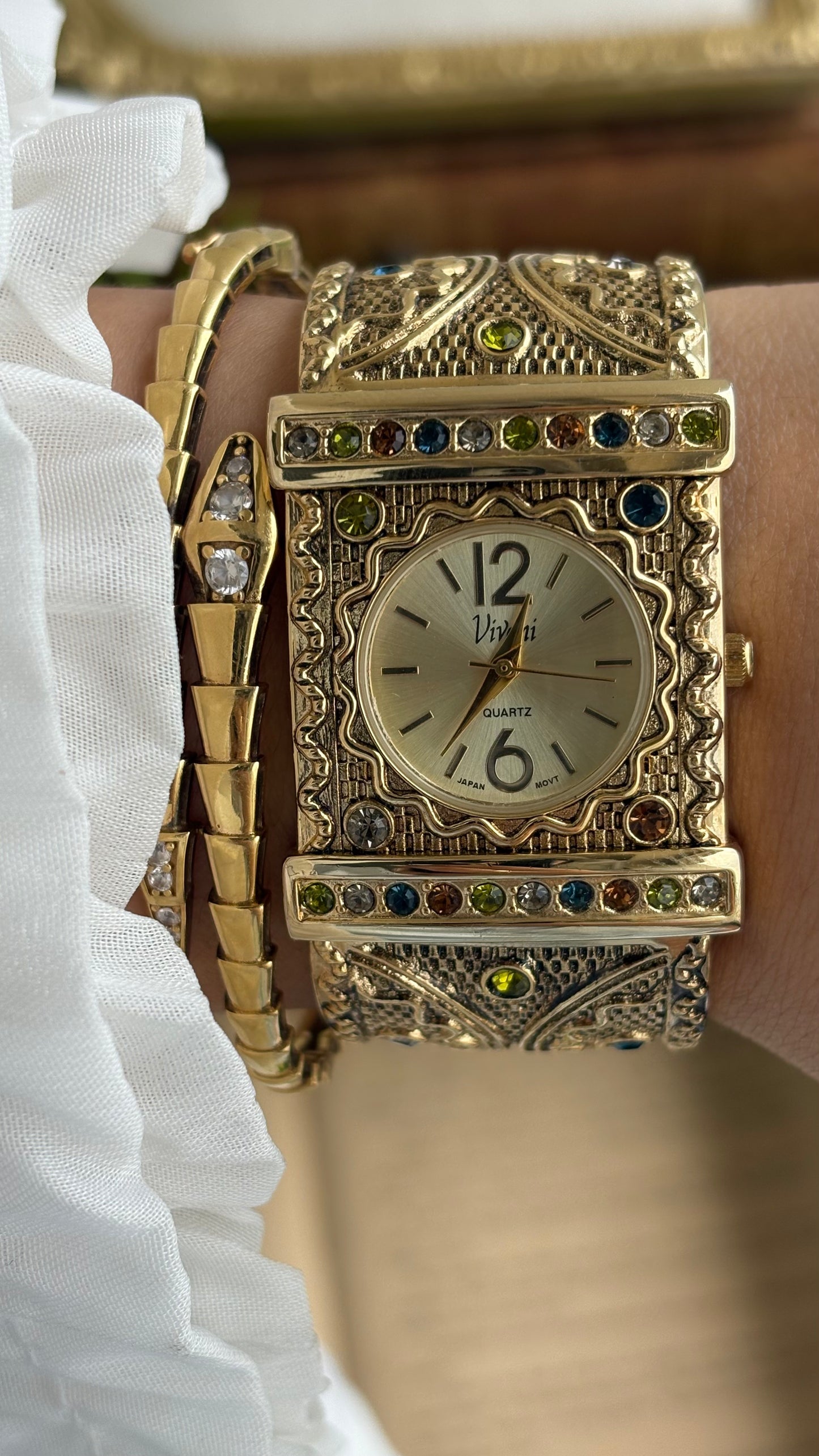 Vintage Vivani Cuff Antique Watch in Gold Tone Natural Stones