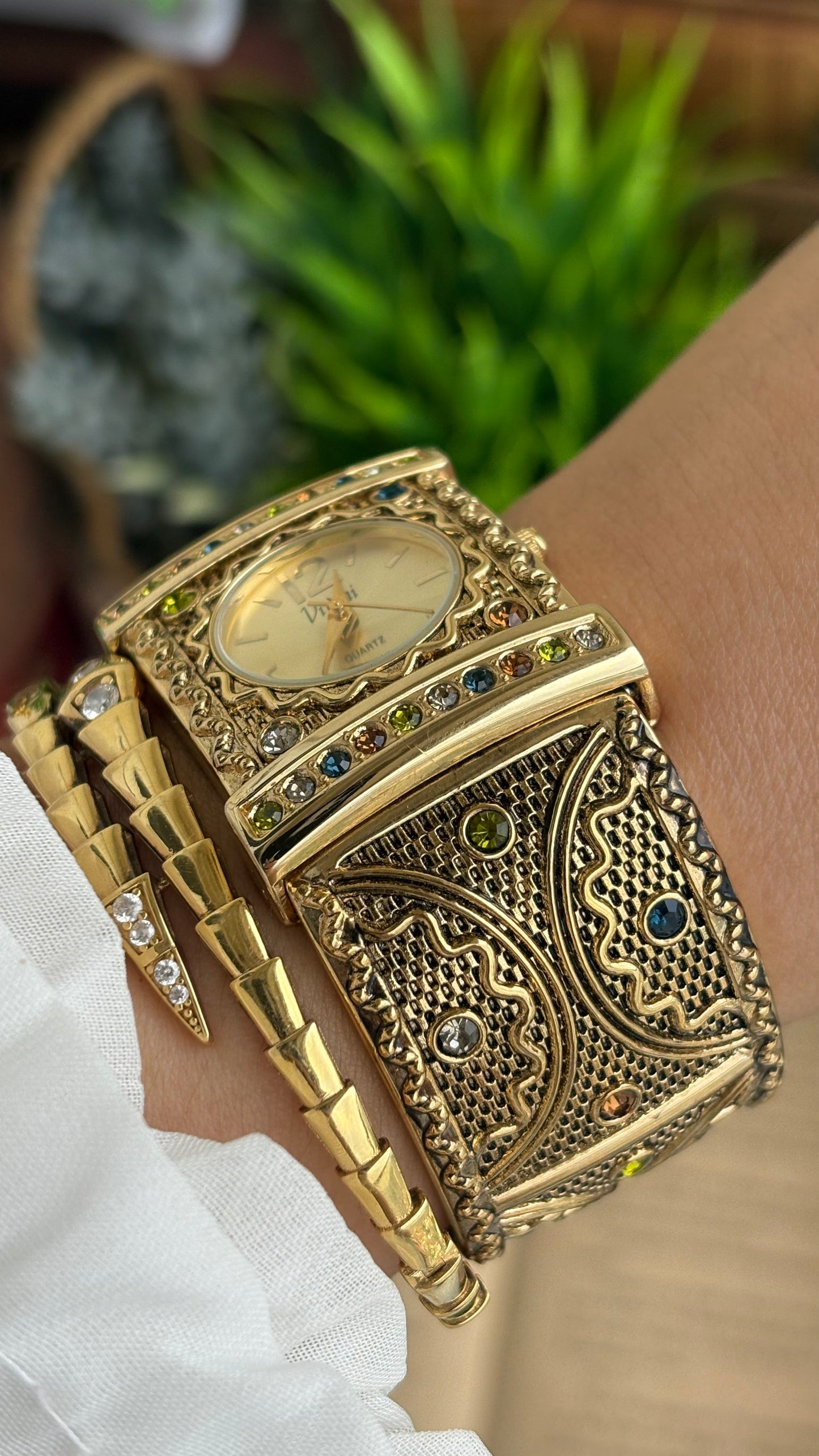 Vintage Vivani Cuff Antique Watch in Gold Tone Natural Stones