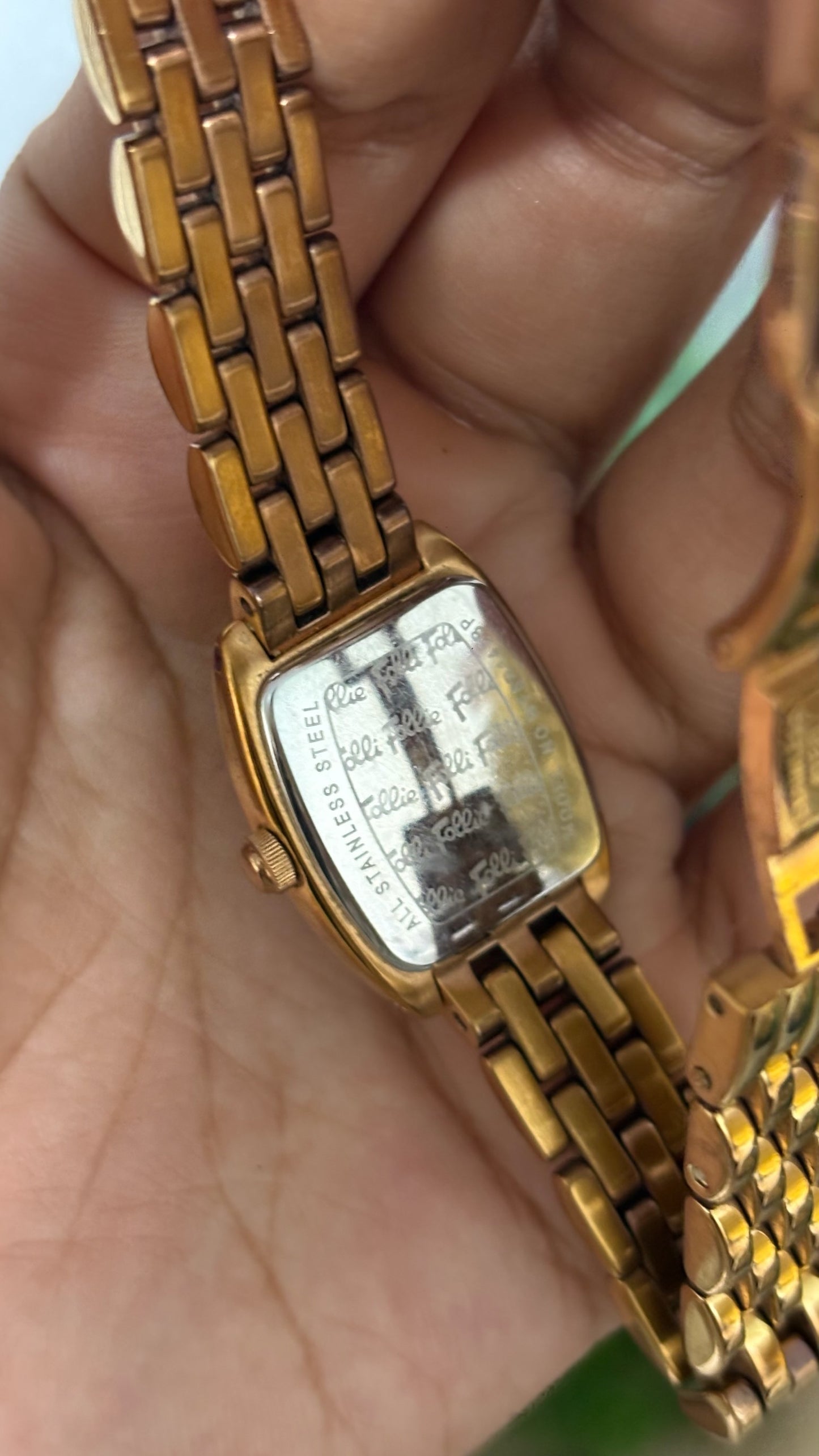 Vintage Folli Follie Tonneau Crystal Watch with Gold Tone Link Bracelet
