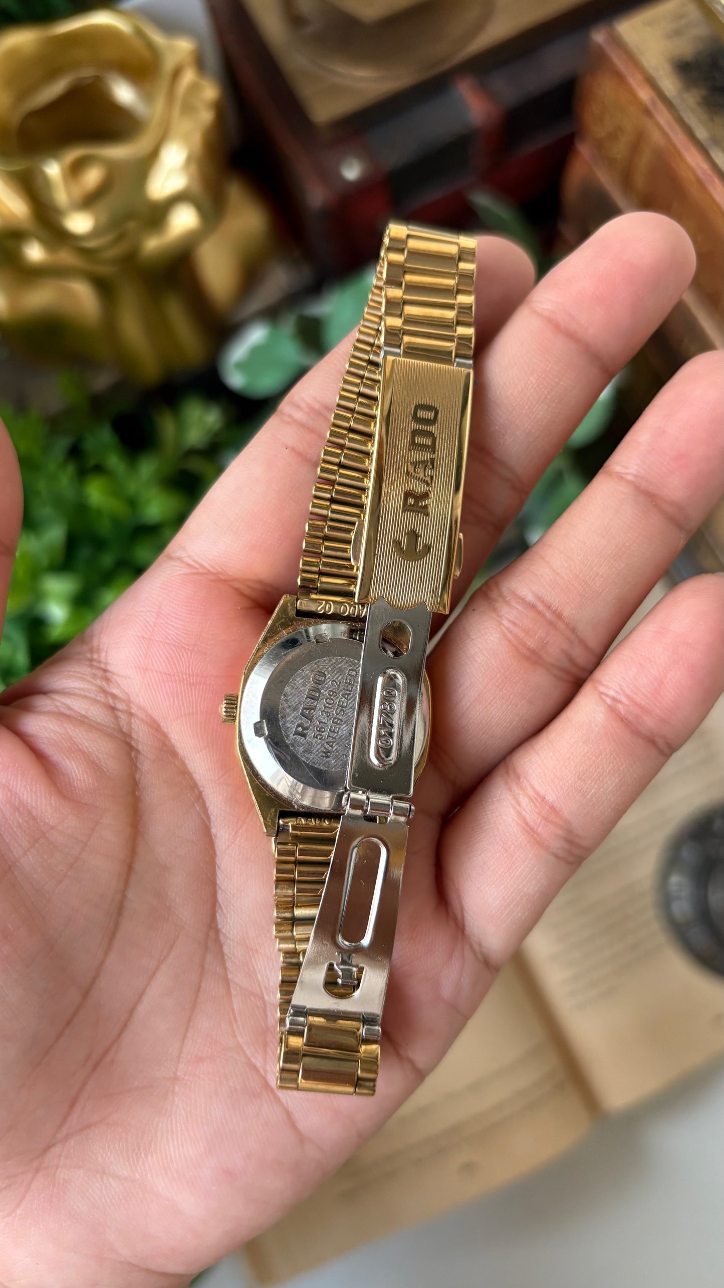 Extremely Rare Vintage Rado Shangri-la Automatic Swiss Watch in Gold Tone Red Television Style Dial