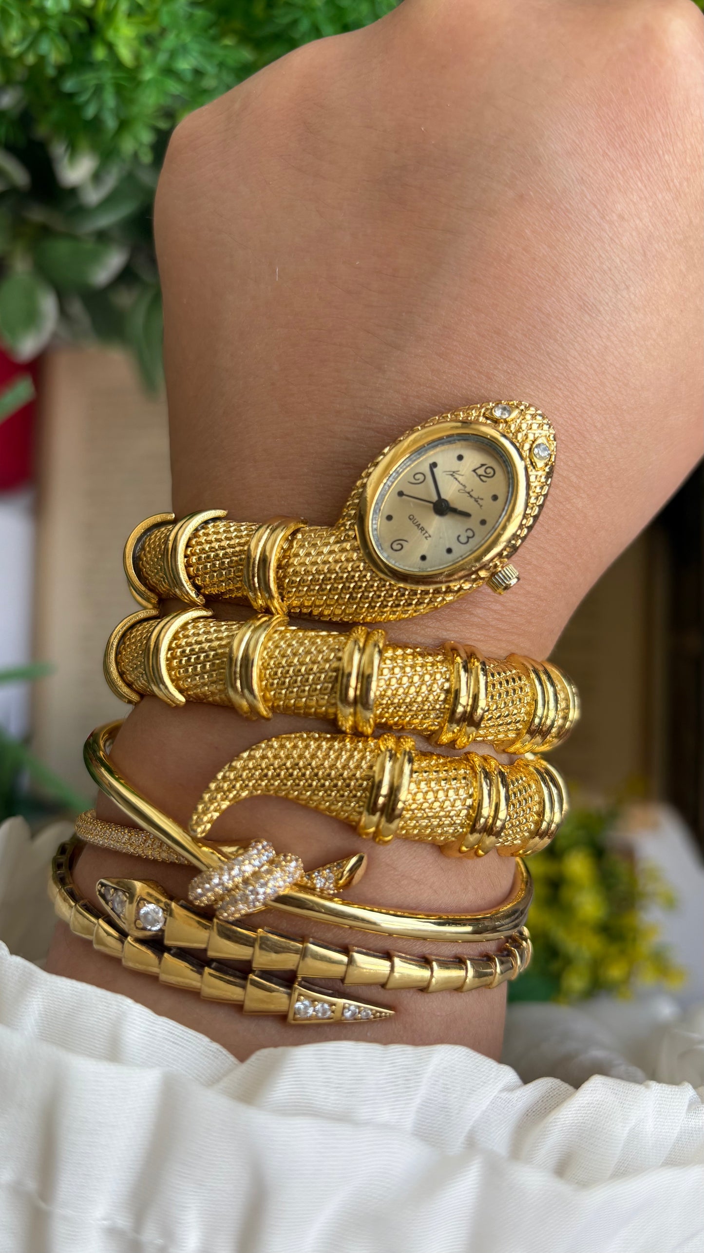 Vintage Kenneth Jay Lane Bvlgari Style Snake Layered Watch in Gold Tone