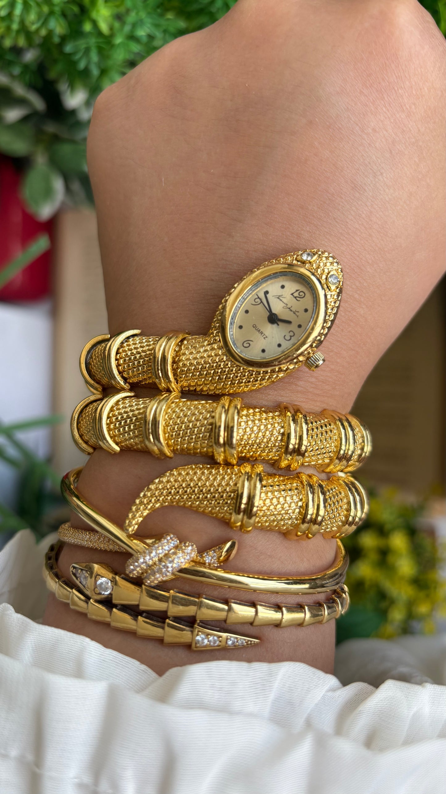 Vintage Kenneth Jay Lane Bvlgari Style Snake Layered Watch in Gold Tone