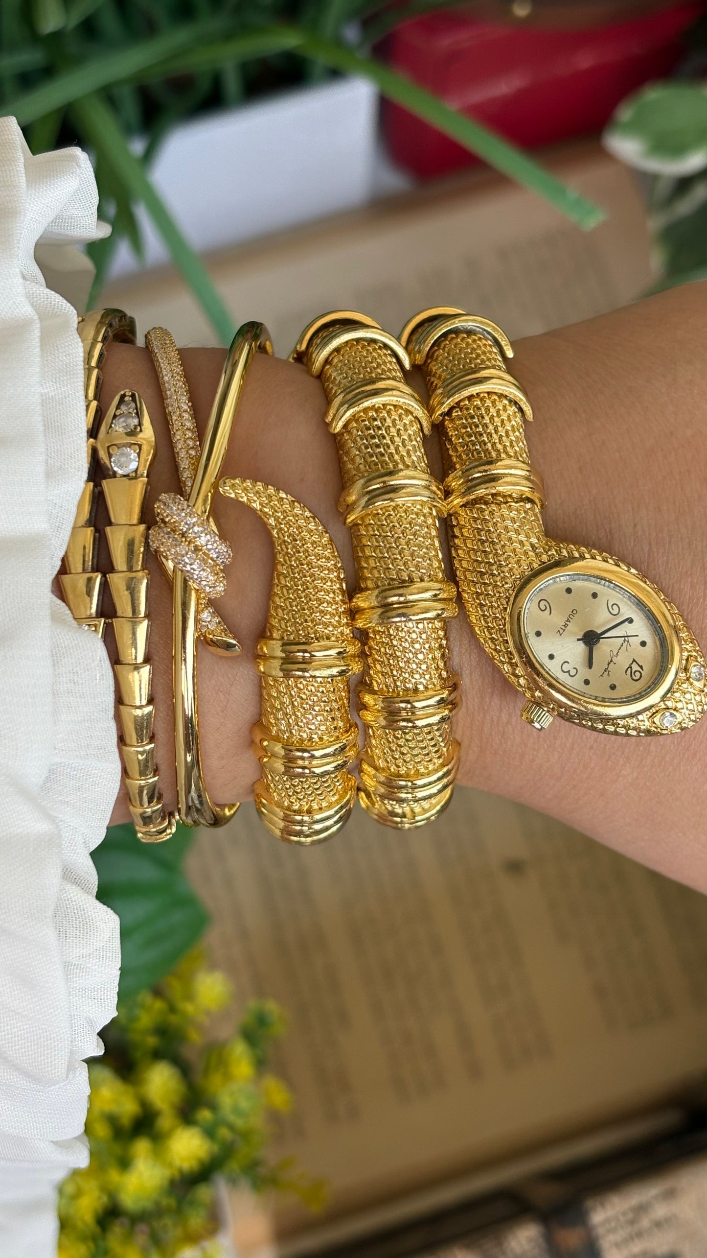 Vintage Kenneth Jay Lane Bvlgari Style Snake Layered Watch in Gold Tone