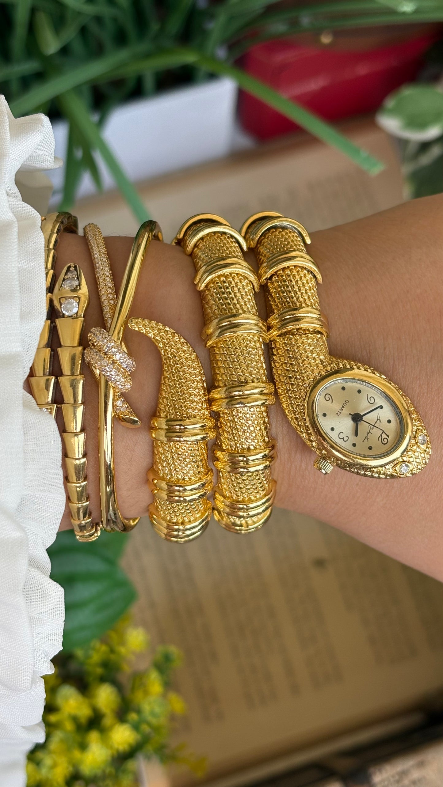 Vintage Kenneth Jay Lane Bvlgari Style Snake Layered Watch in Gold Tone