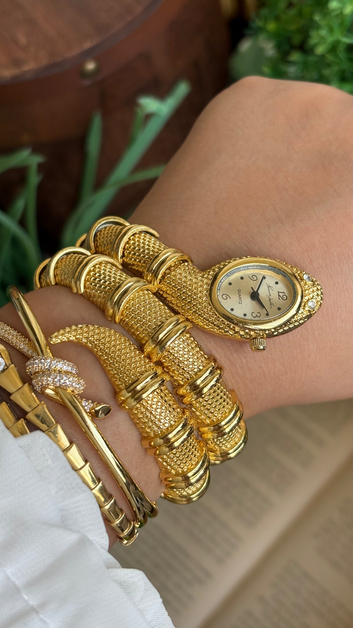 Vintage Kenneth Jay Lane Bvlgari Style Snake Layered Watch in Gold Tone