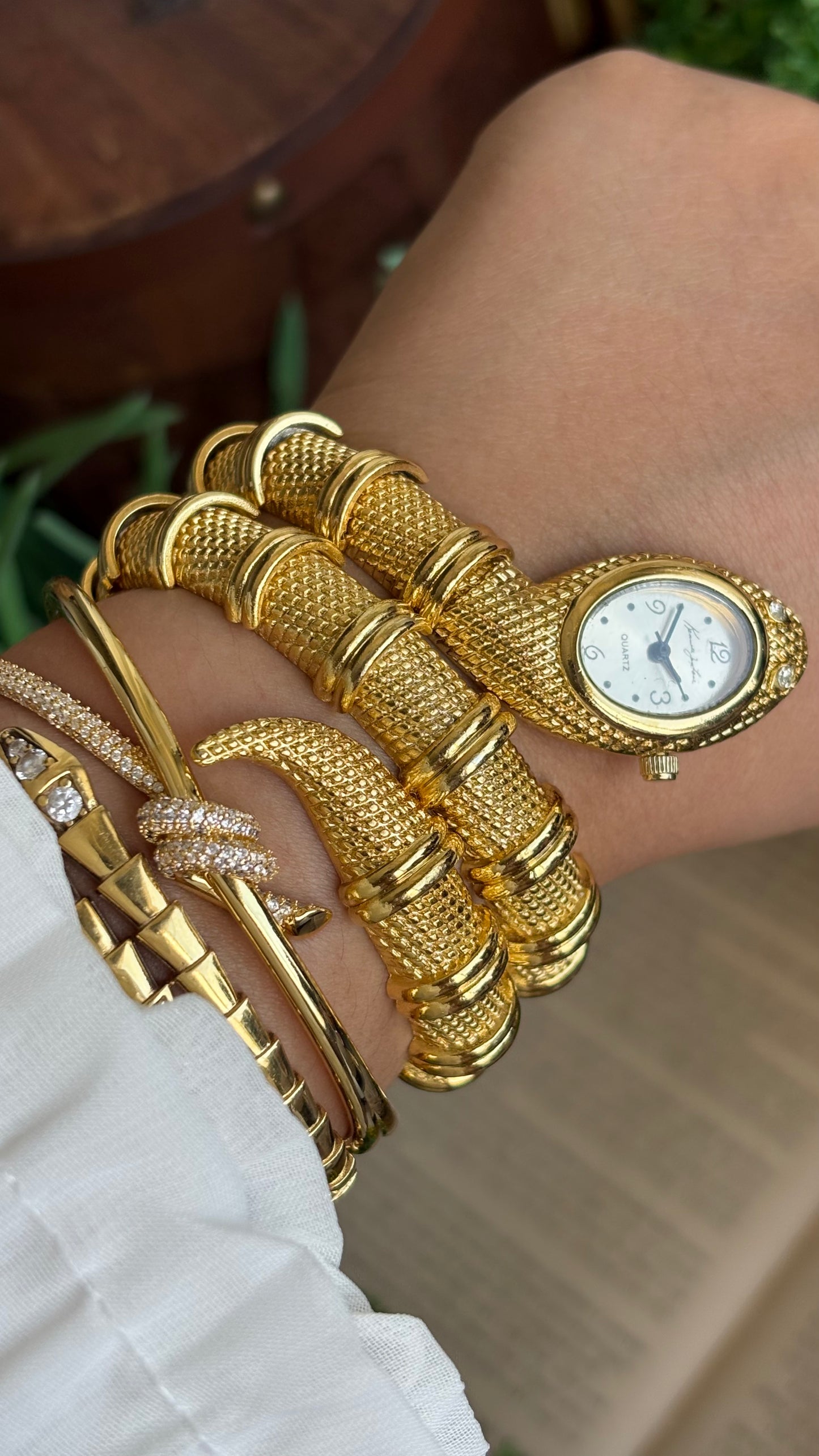 Vintage Kenneth Jay Lane Bvlgari Style Snake Layered Watch in Gold Tone