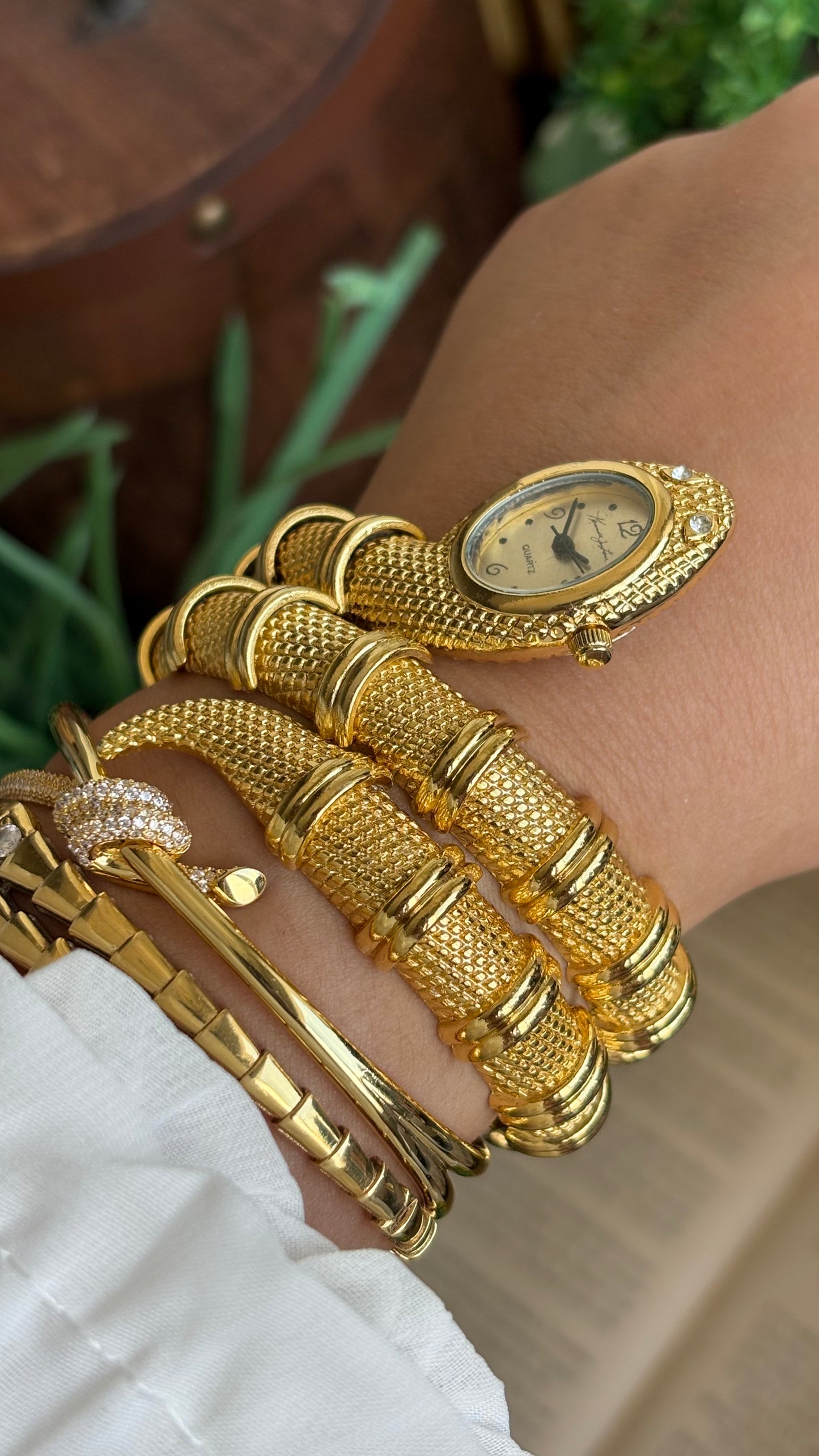 Vintage Kenneth Jay Lane Bvlgari Style Snake Layered Watch in Gold Tone