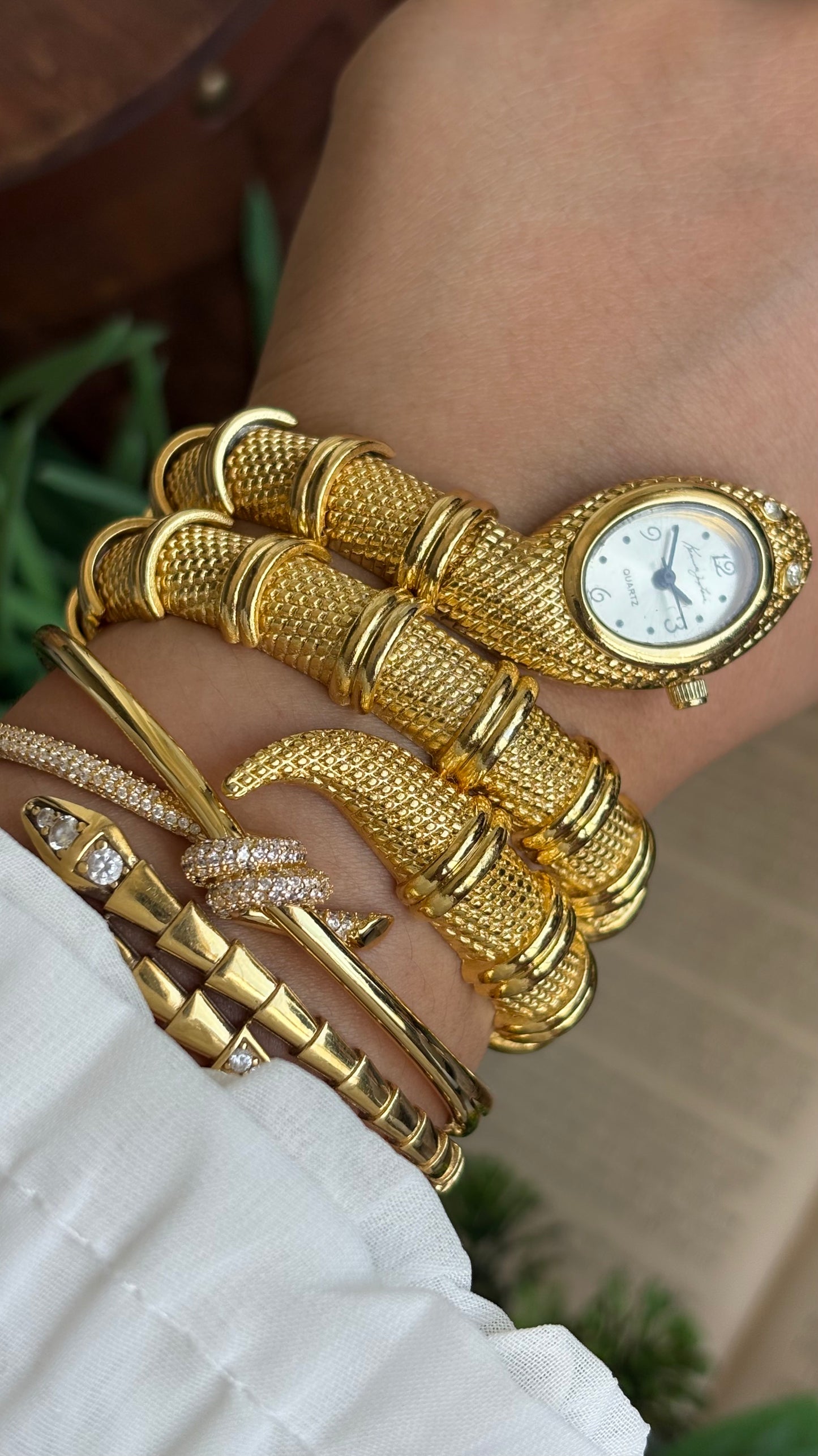 Vintage Kenneth Jay Lane Bvlgari Style Snake Layered Watch in Gold Tone
