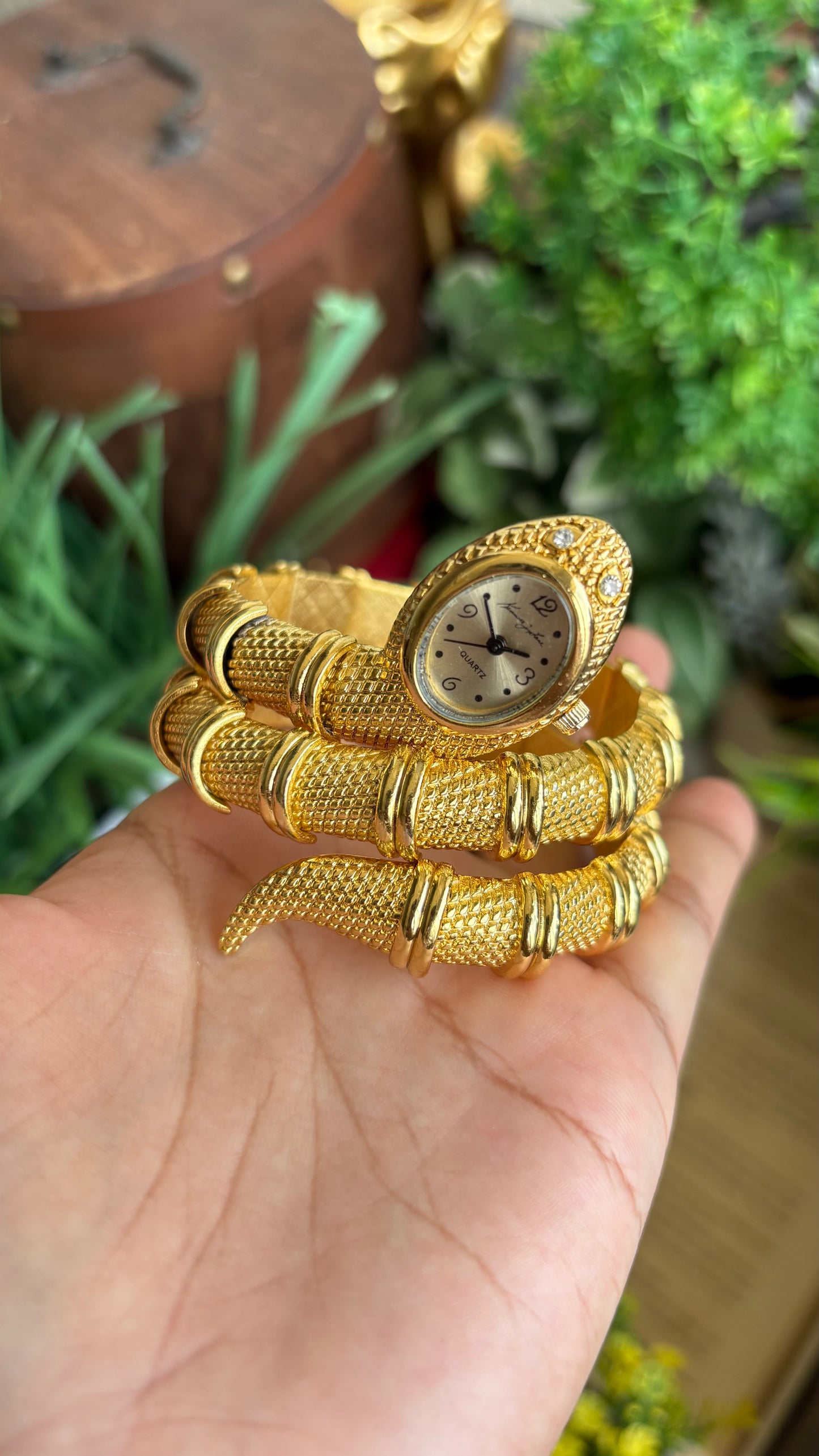 Vintage Kenneth Jay Lane Bvlgari Style Snake Layered Watch in Gold Tone