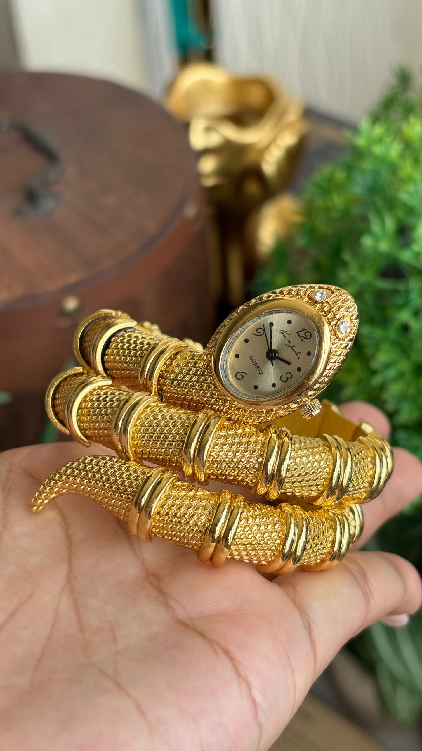 Vintage Kenneth Jay Lane Bvlgari Style Snake Layered Watch in Gold Tone