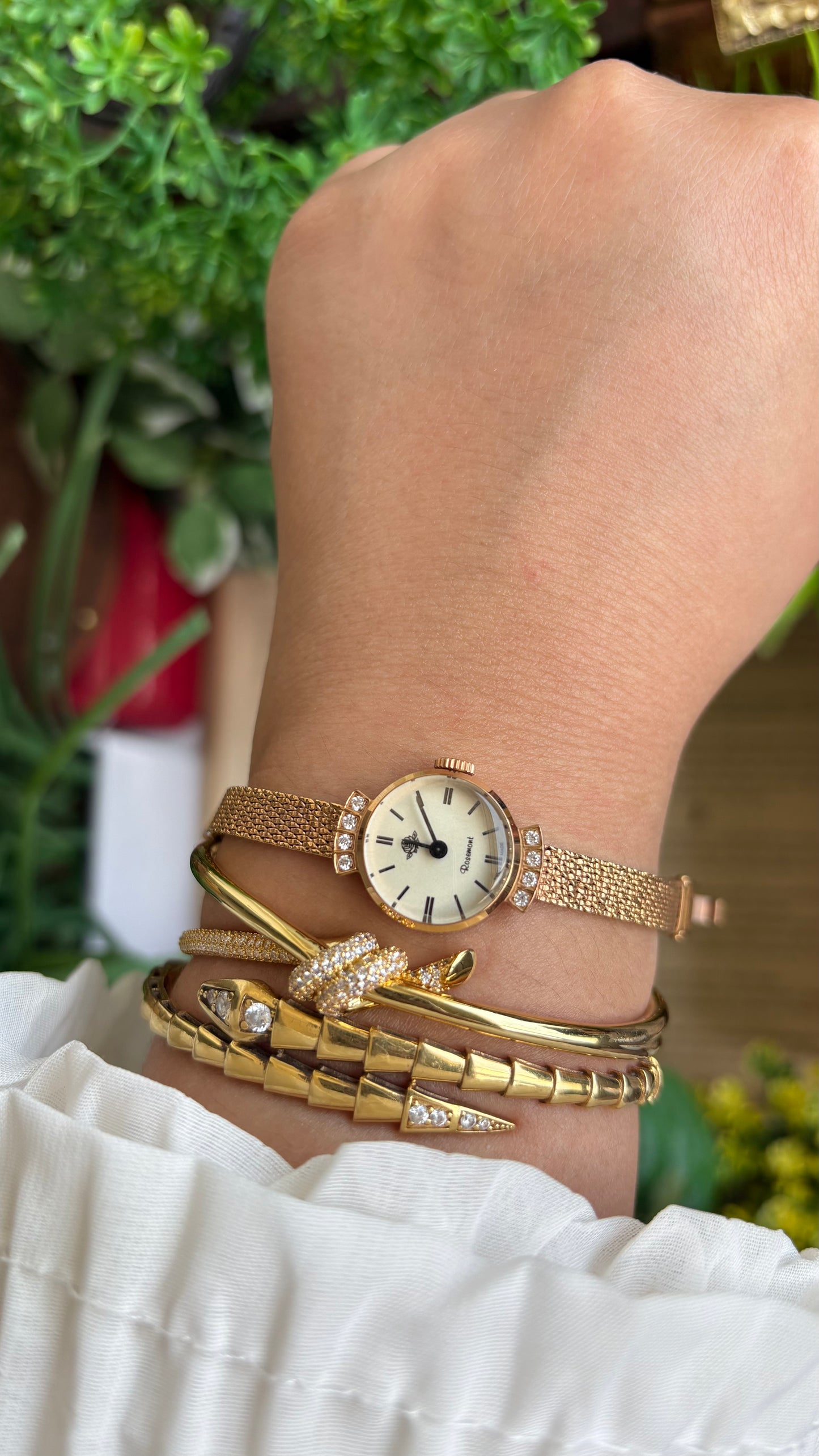 Vintage Rosemont Manual Winding Swiss Watch in Gold Tone with Six Diamonds Super Dainty