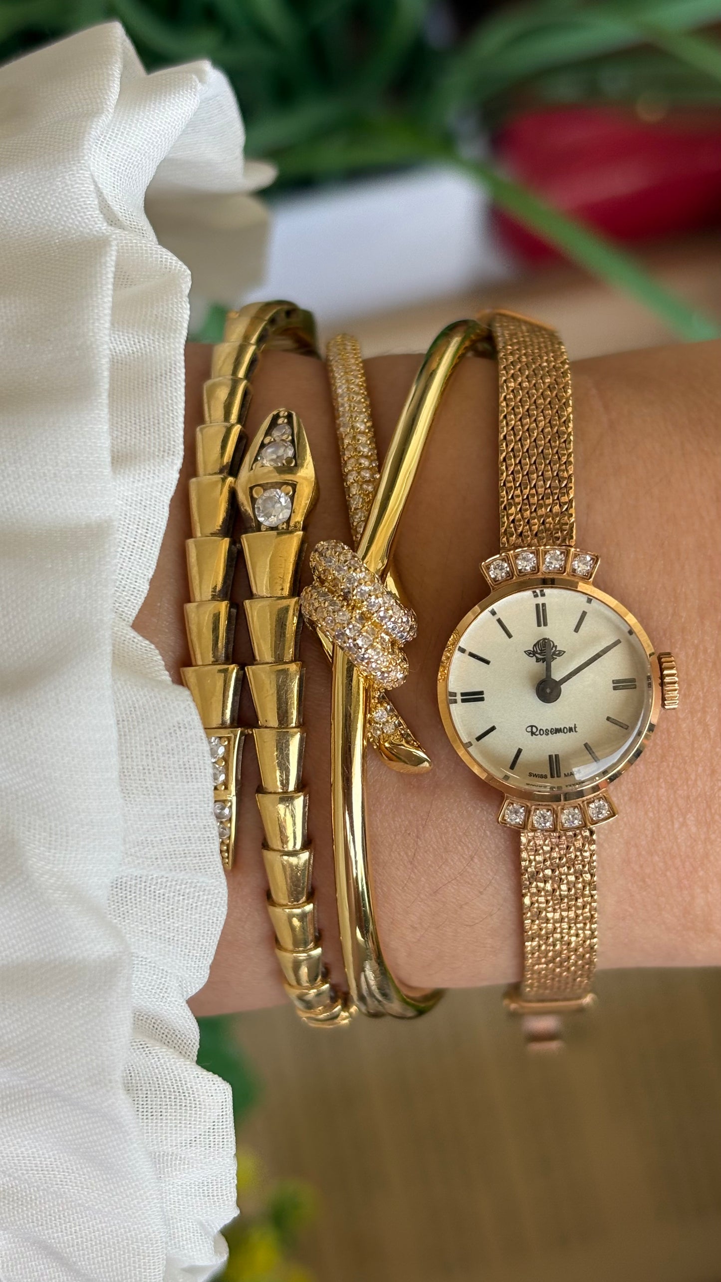 Vintage Rosemont Manual Winding Swiss Watch in Gold Tone with Six Diamonds Super Dainty