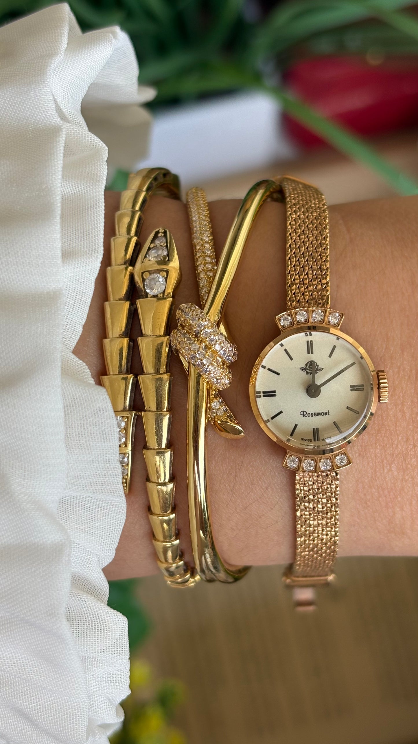 Vintage Rosemont Manual Winding Swiss Watch in Gold Tone with Six Diamonds Super Dainty