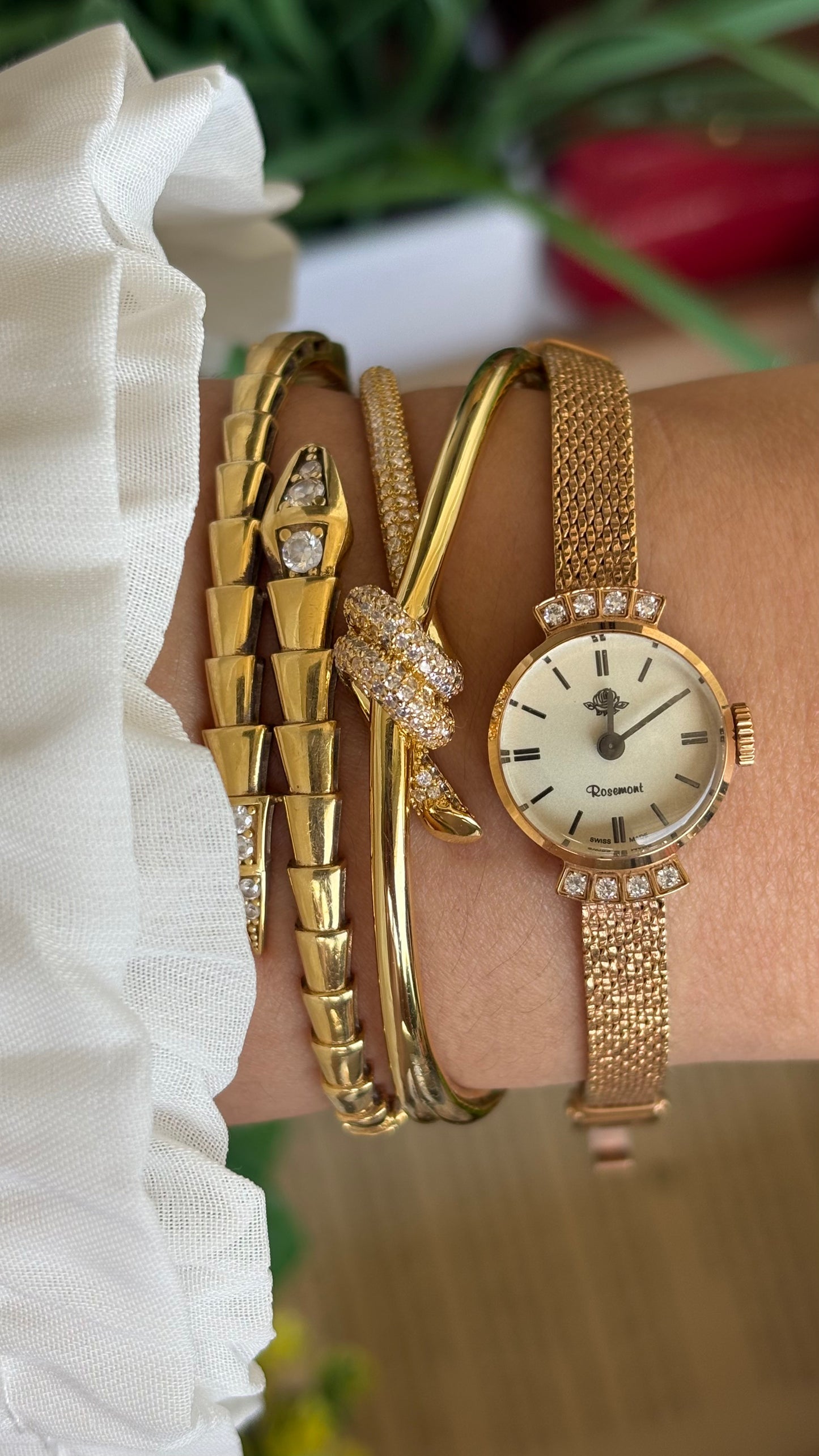 Vintage Rosemont Manual Winding Swiss Watch in Gold Tone with Six Diamonds Super Dainty