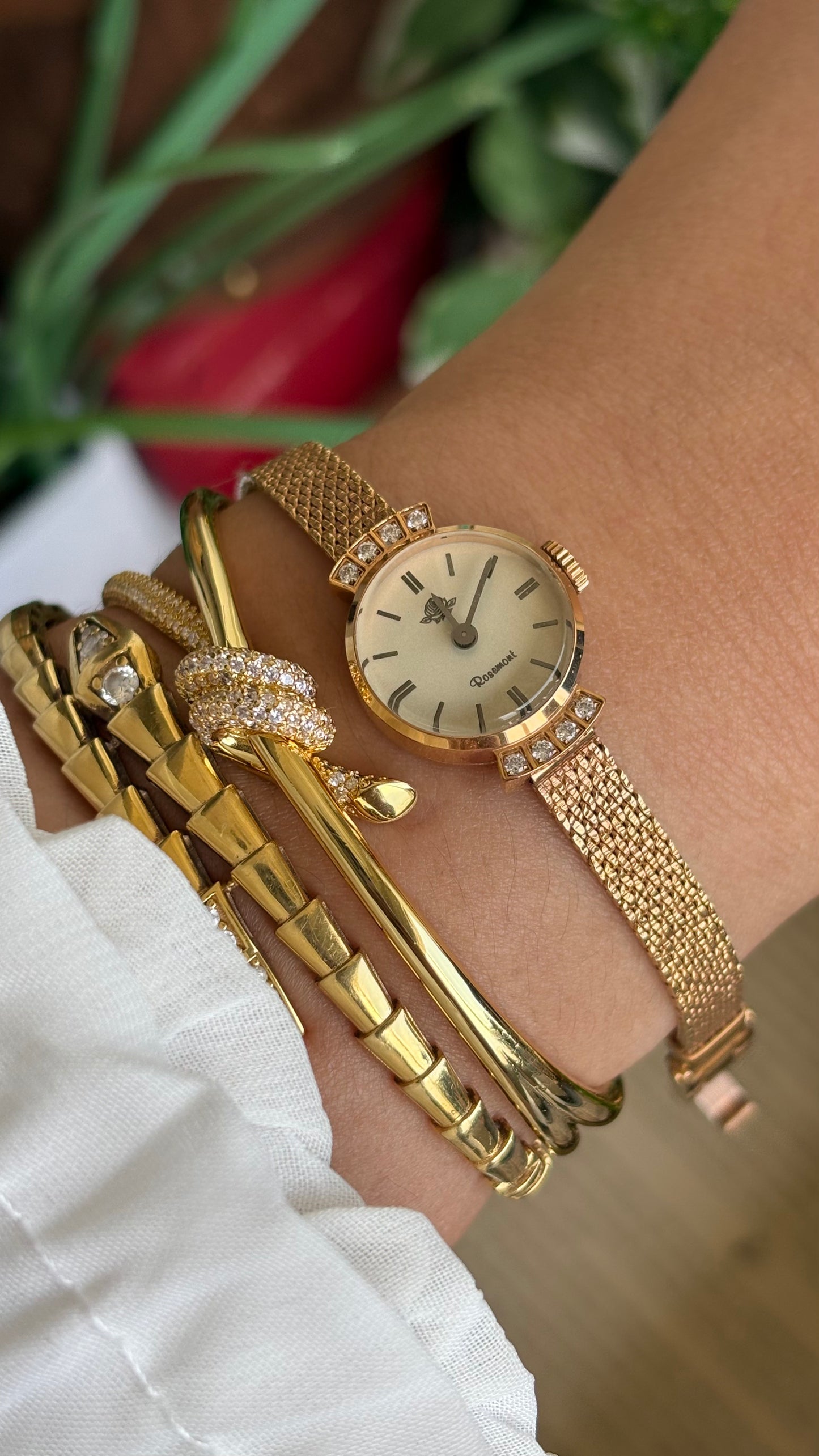 Vintage Rosemont Manual Winding Swiss Watch in Gold Tone with Six Diamonds Super Dainty