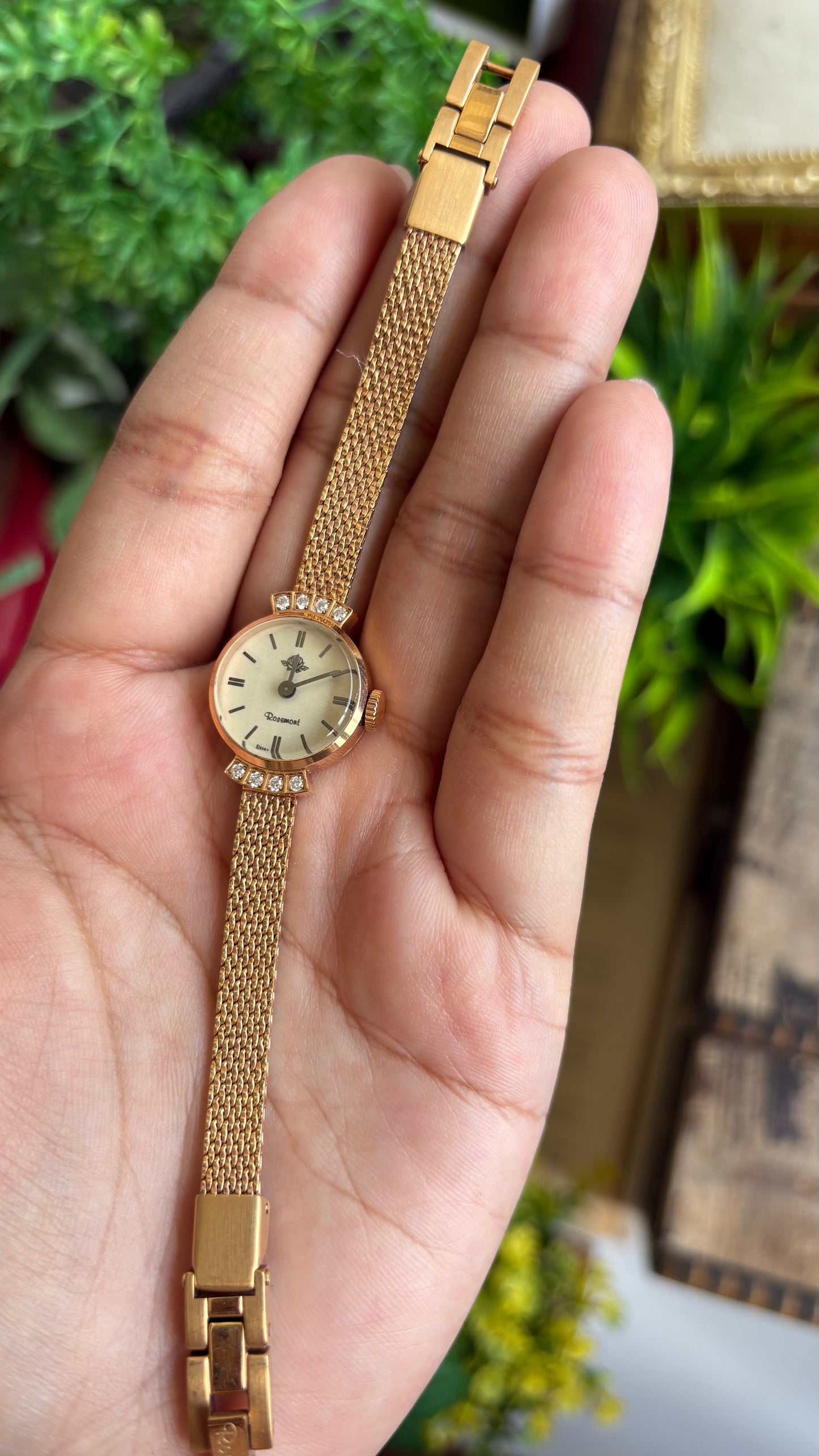 Vintage Rosemont Manual Winding Swiss Watch in Gold Tone with Six Diamonds Super Dainty