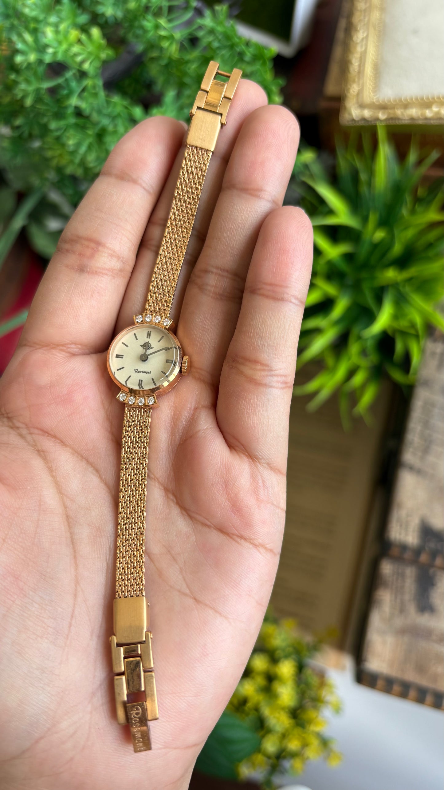 Vintage Rosemont Manual Winding Swiss Watch in Gold Tone with Six Diamonds Super Dainty