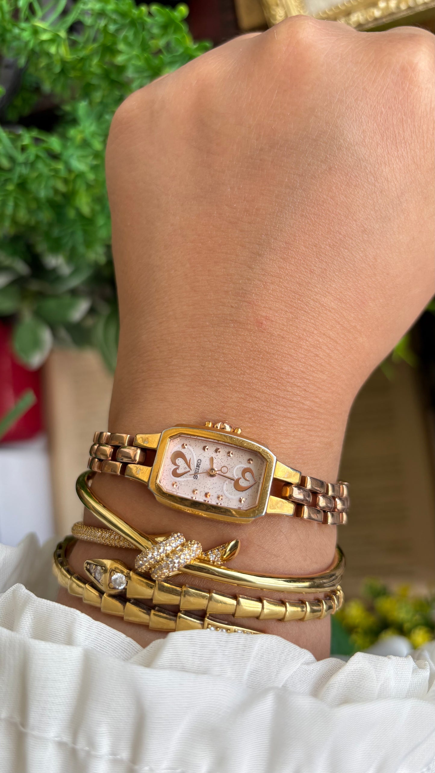Vintage Seiko Watch in Rose Gold Tone with Hearts on Dial