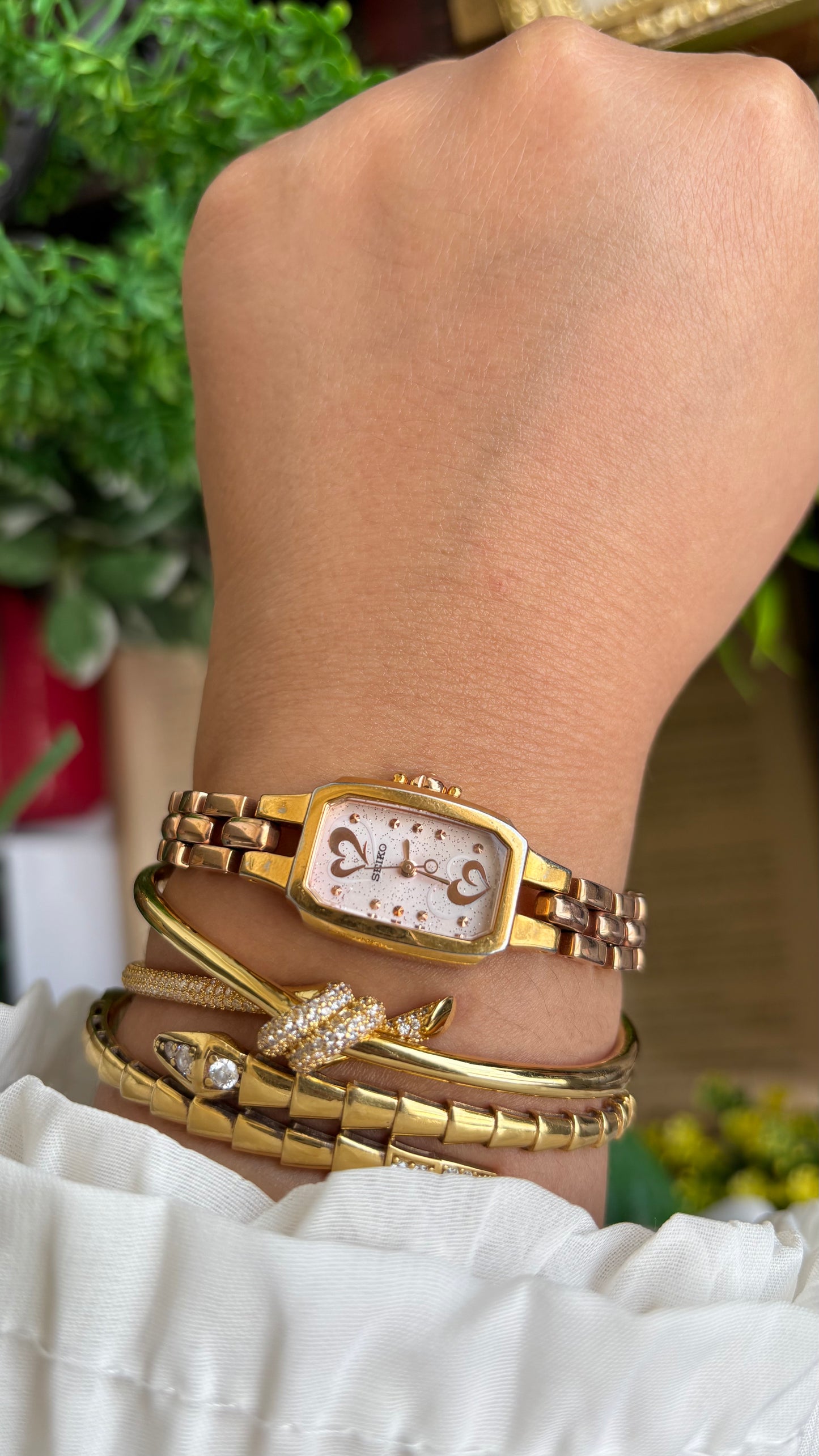 Vintage Seiko Watch in Rose Gold Tone with Hearts on Dial
